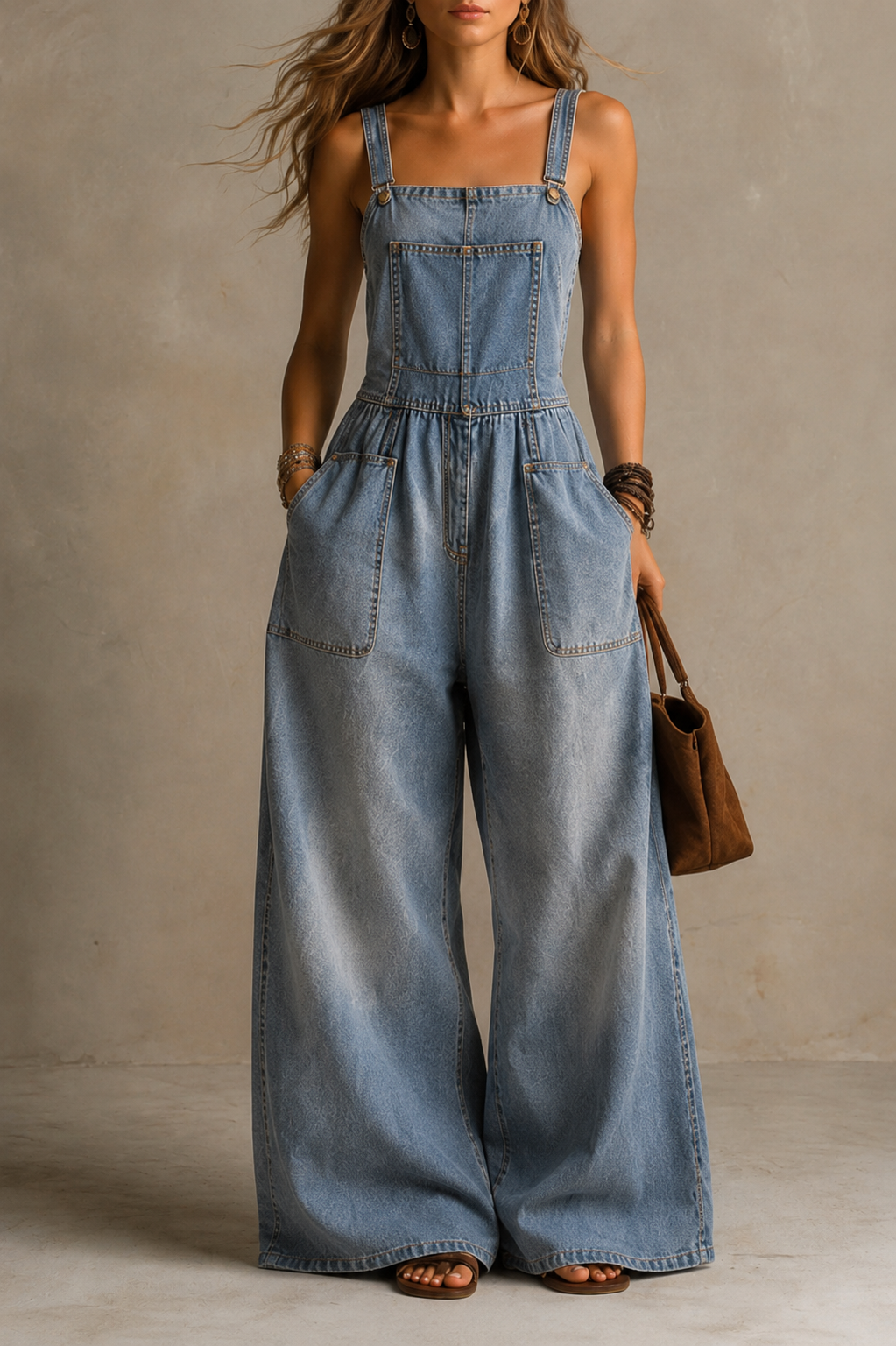 Women Vintage Denim Wide-Leg Jumpsuit