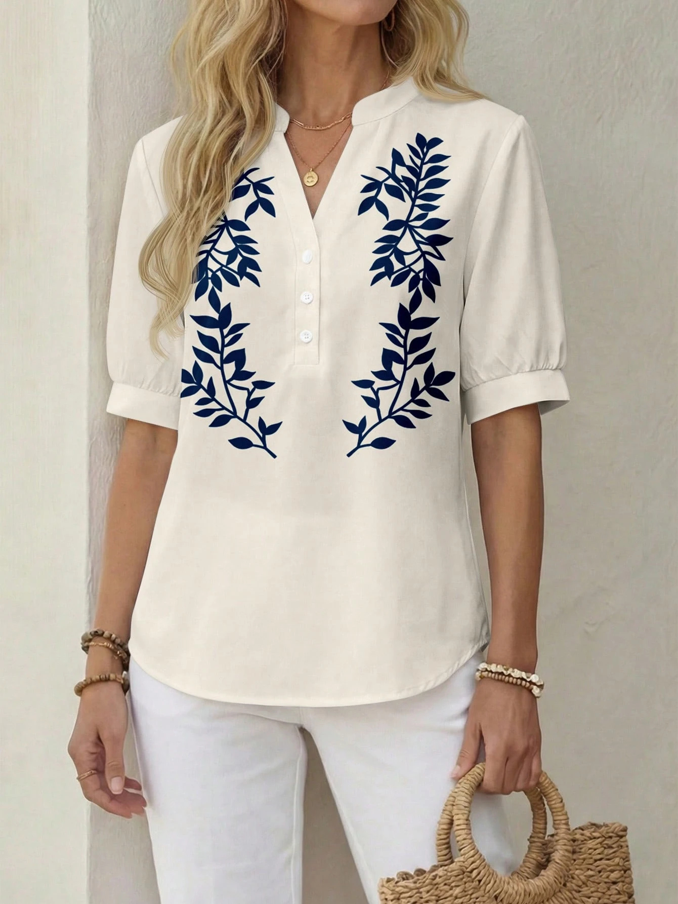 Women Botanical Print Puff Sleeve Blouse