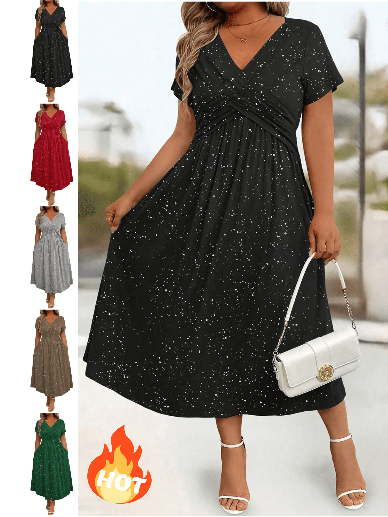 Women V-Neck Short Sleeve Midi Dresses