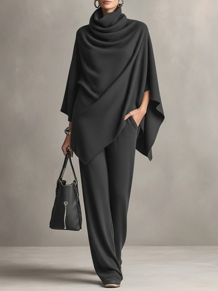 Women Draped Cowl Neck Knit Poncho Set