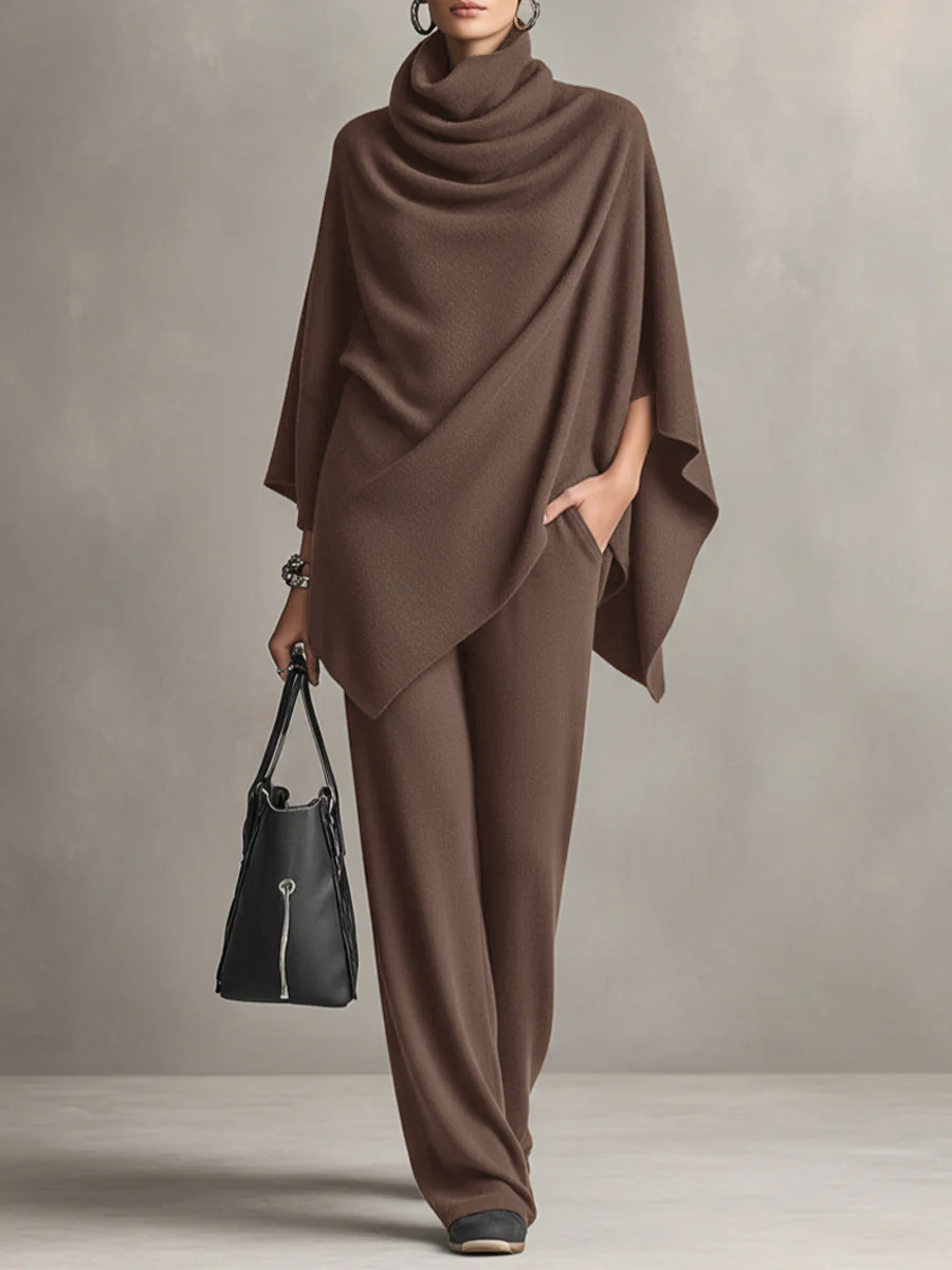 Women Draped Cowl Neck Knit Poncho Set