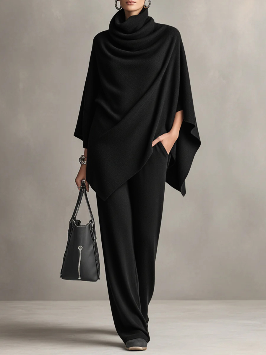 Women Draped Cowl Neck Knit Poncho Set