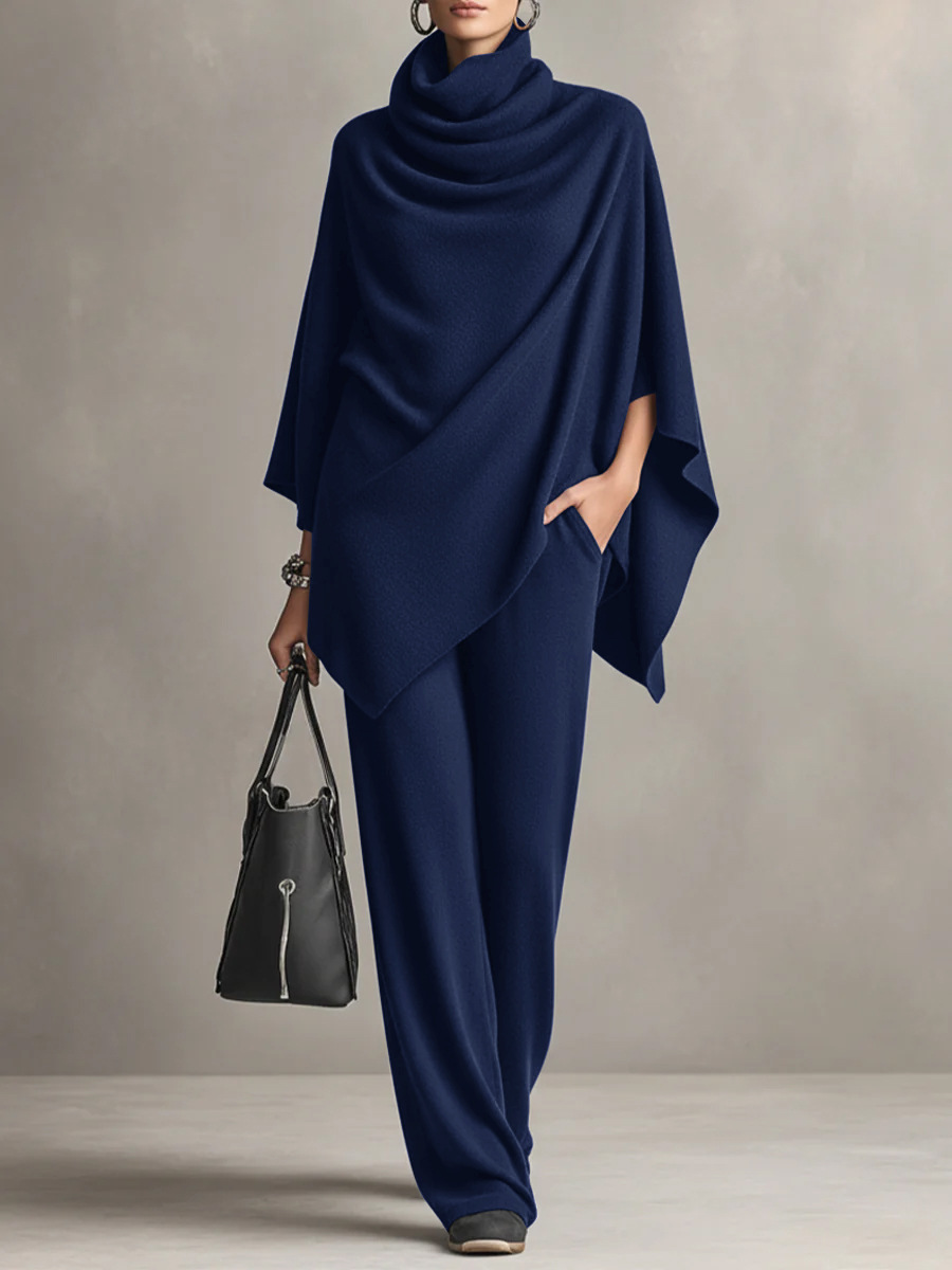 Women Draped Cowl Neck Knit Poncho Set