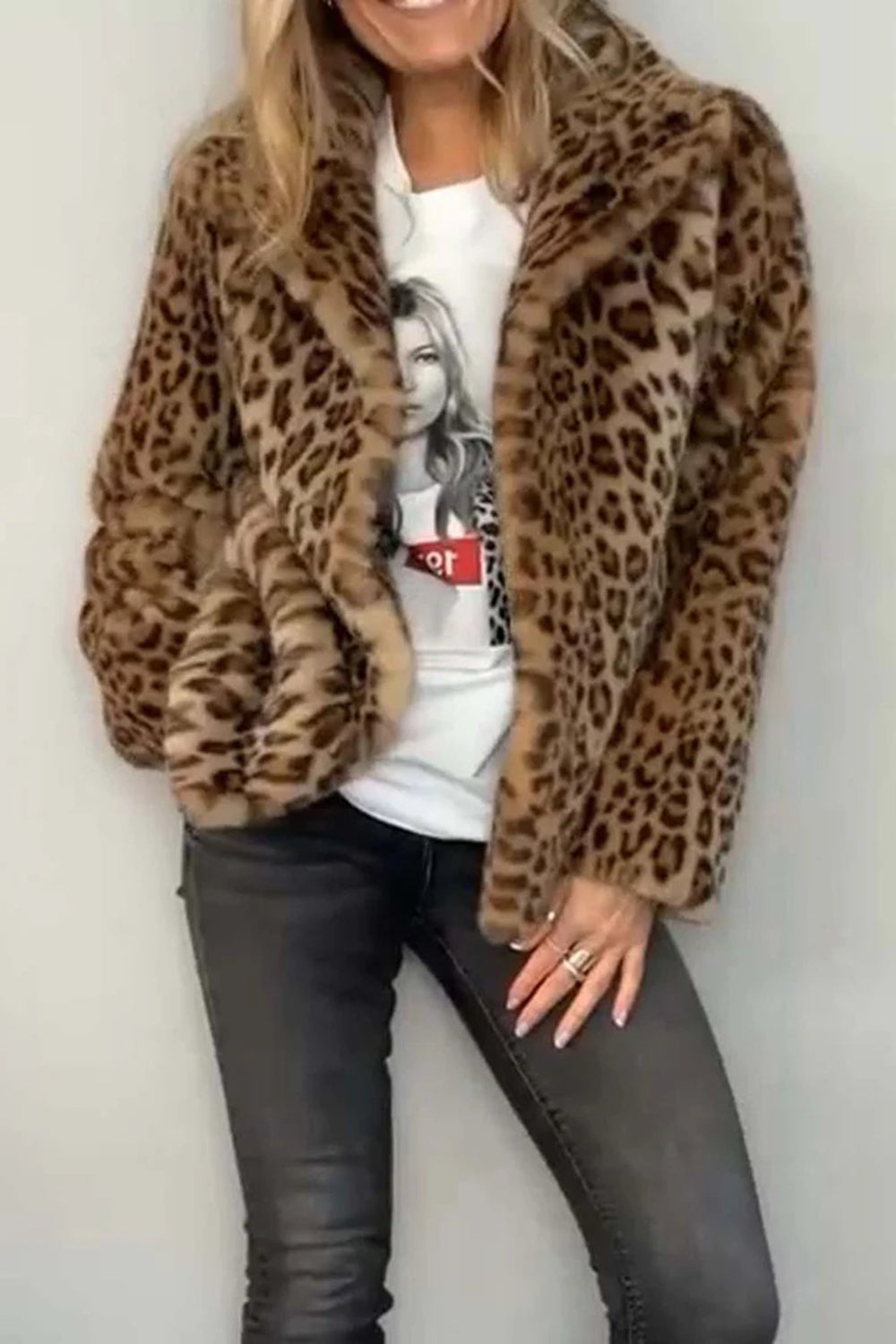 Women  Full Size Leopard Furry Collared Neck Long Sleeve Coat | 5 Colors