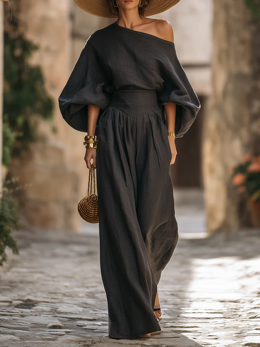 Stylish Off-shoulder Top And Wide-leg Pants Two-piece Set