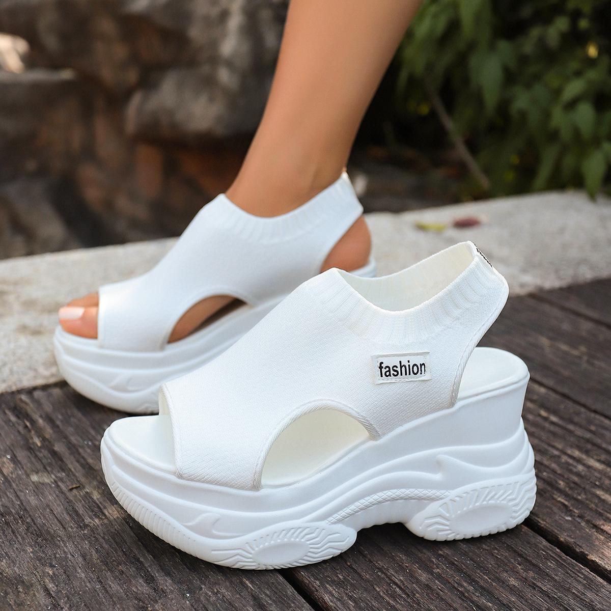 Women's Solid Color Casual Sandals, Platform Elastic Soft Sole Knitted Walking Shoes, Heightening Wedge Vacation Shoes