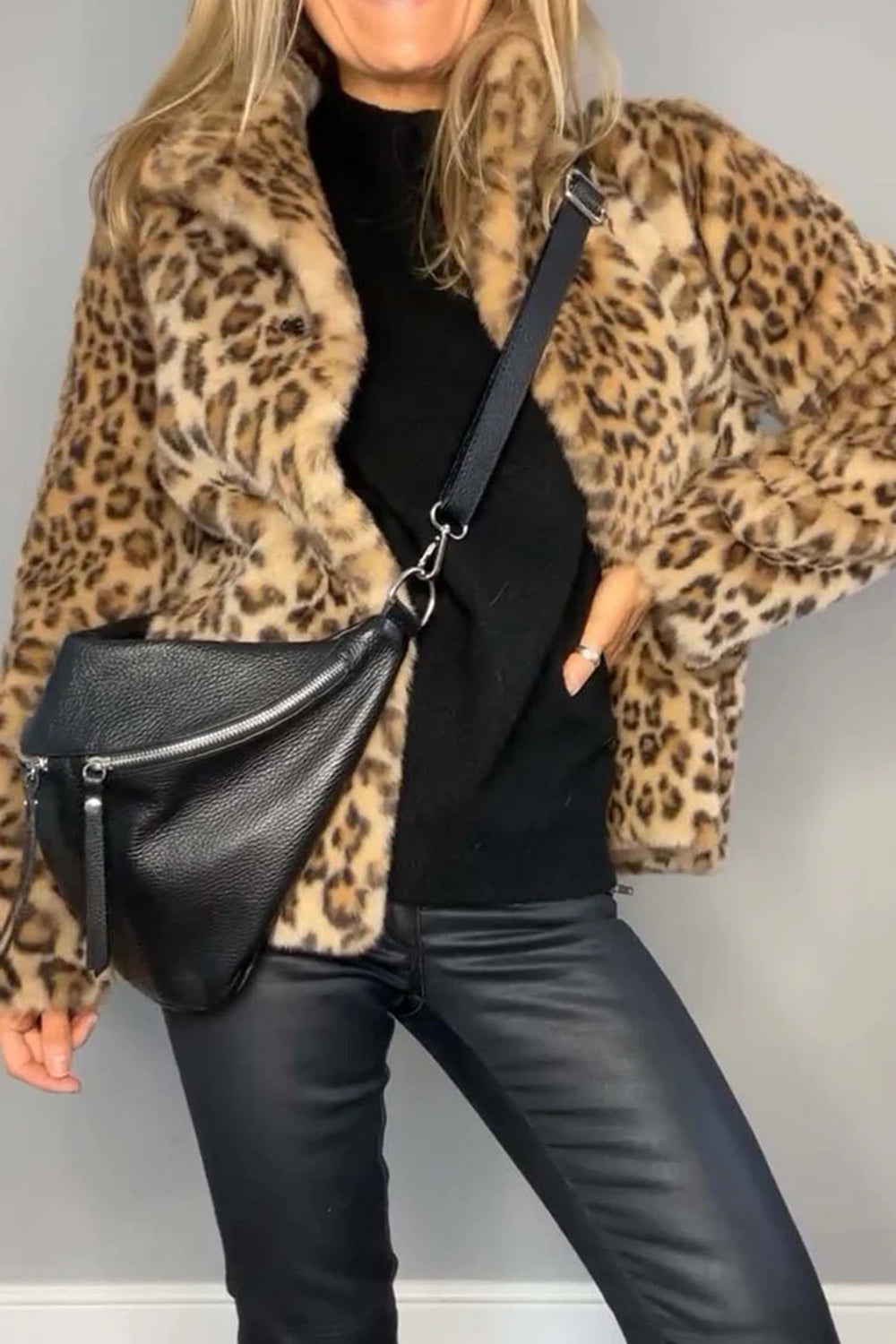 Women  Full Size Leopard Furry Collared Neck Long Sleeve Coat | 5 Colors