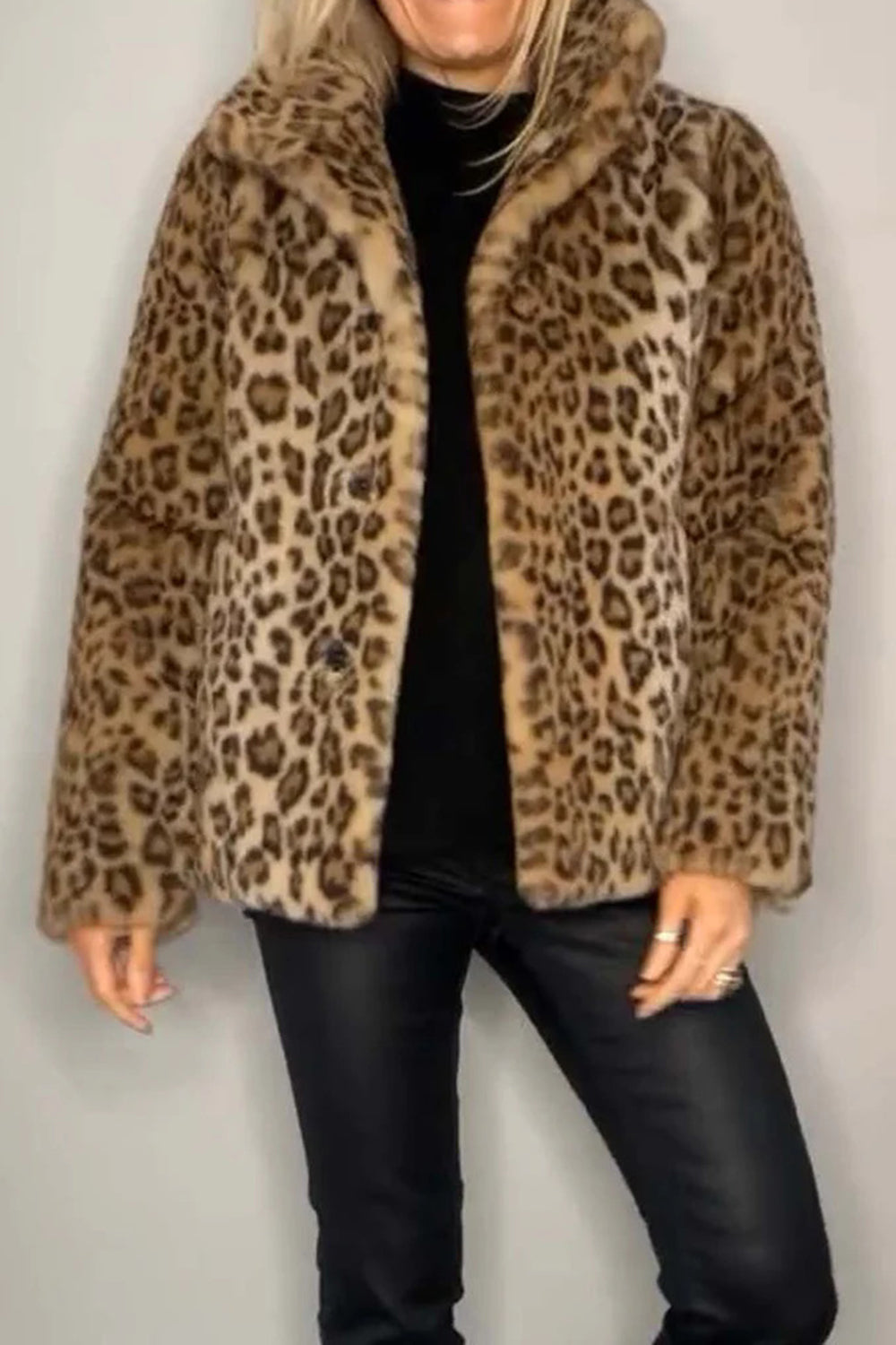 Women  Full Size Leopard Furry Collared Neck Long Sleeve Coat | 5 Colors