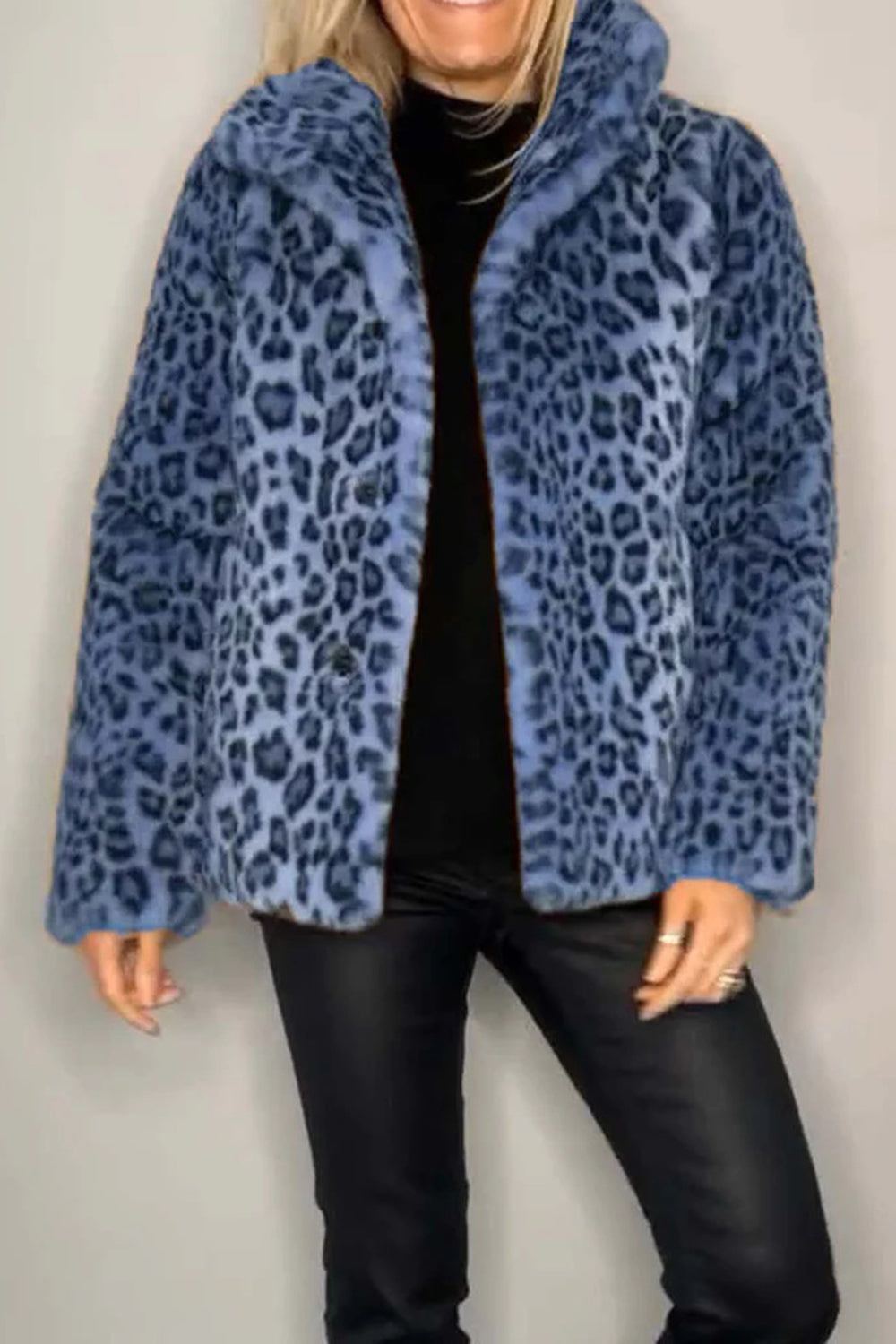 Women  Full Size Leopard Furry Collared Neck Long Sleeve Coat | 5 Colors