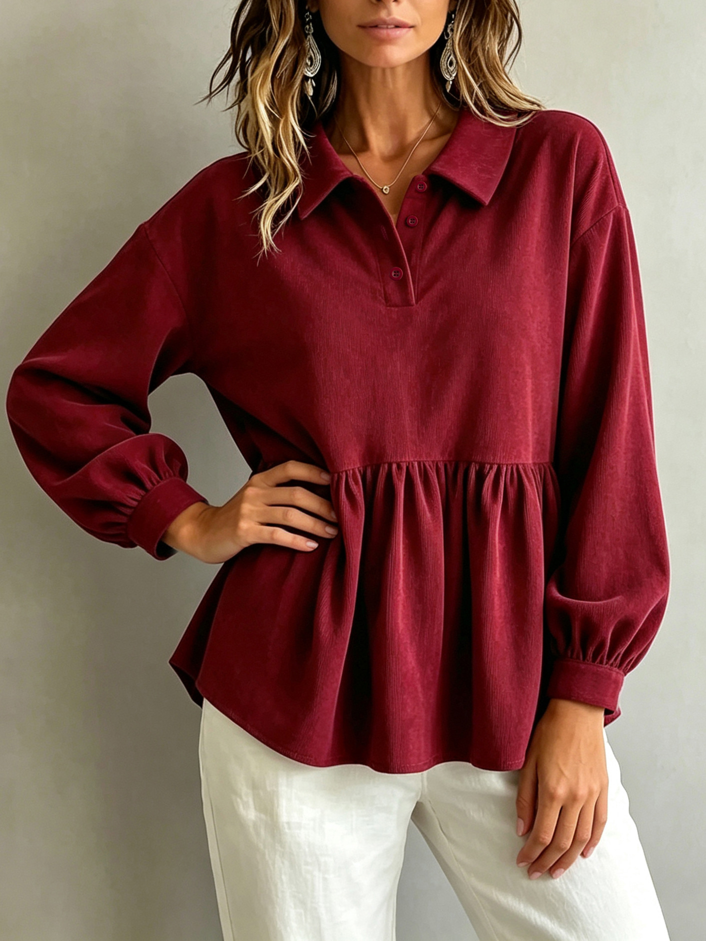Women Burgundy Collared Peplum Blouse