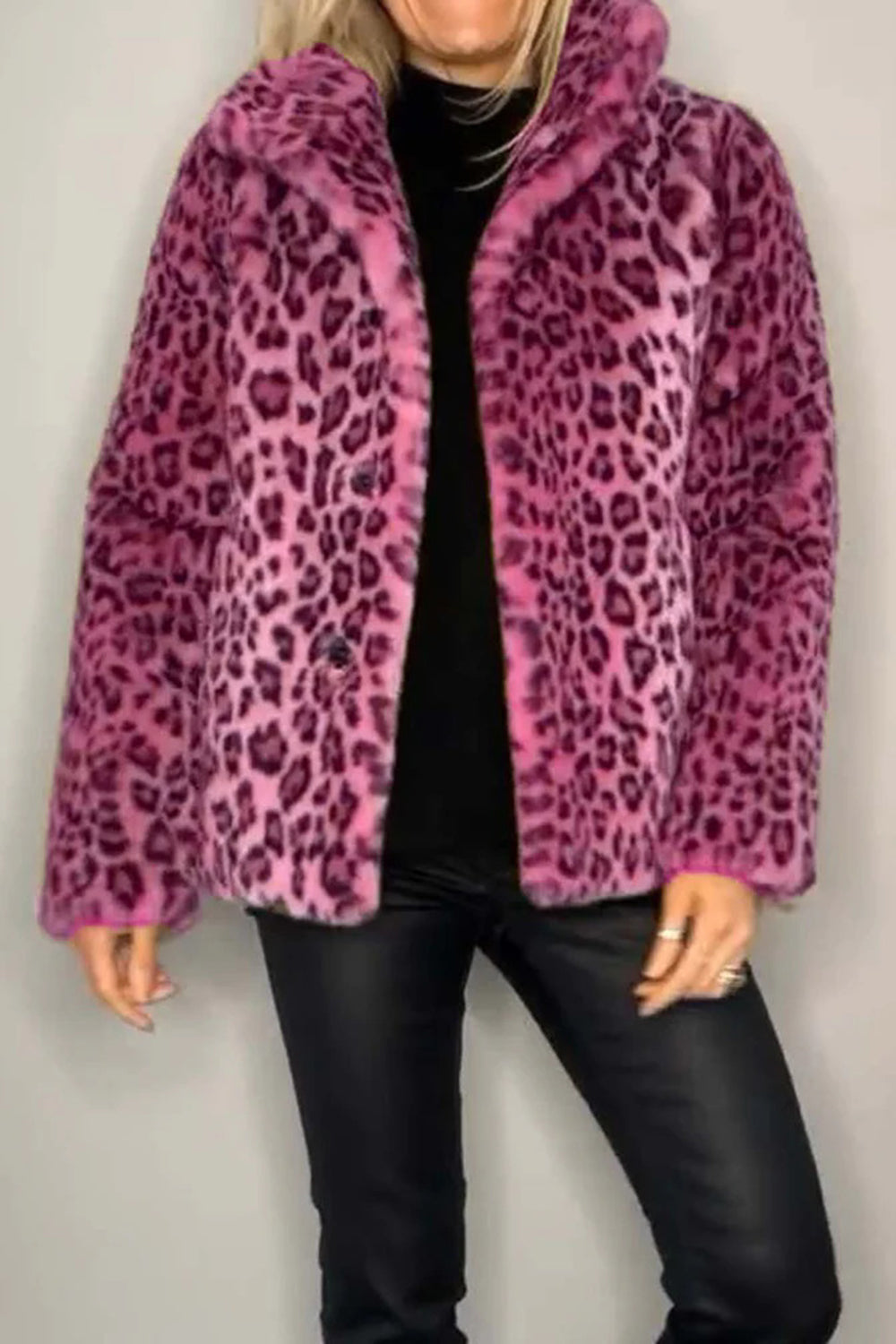 Women  Full Size Leopard Furry Collared Neck Long Sleeve Coat | 5 Colors
