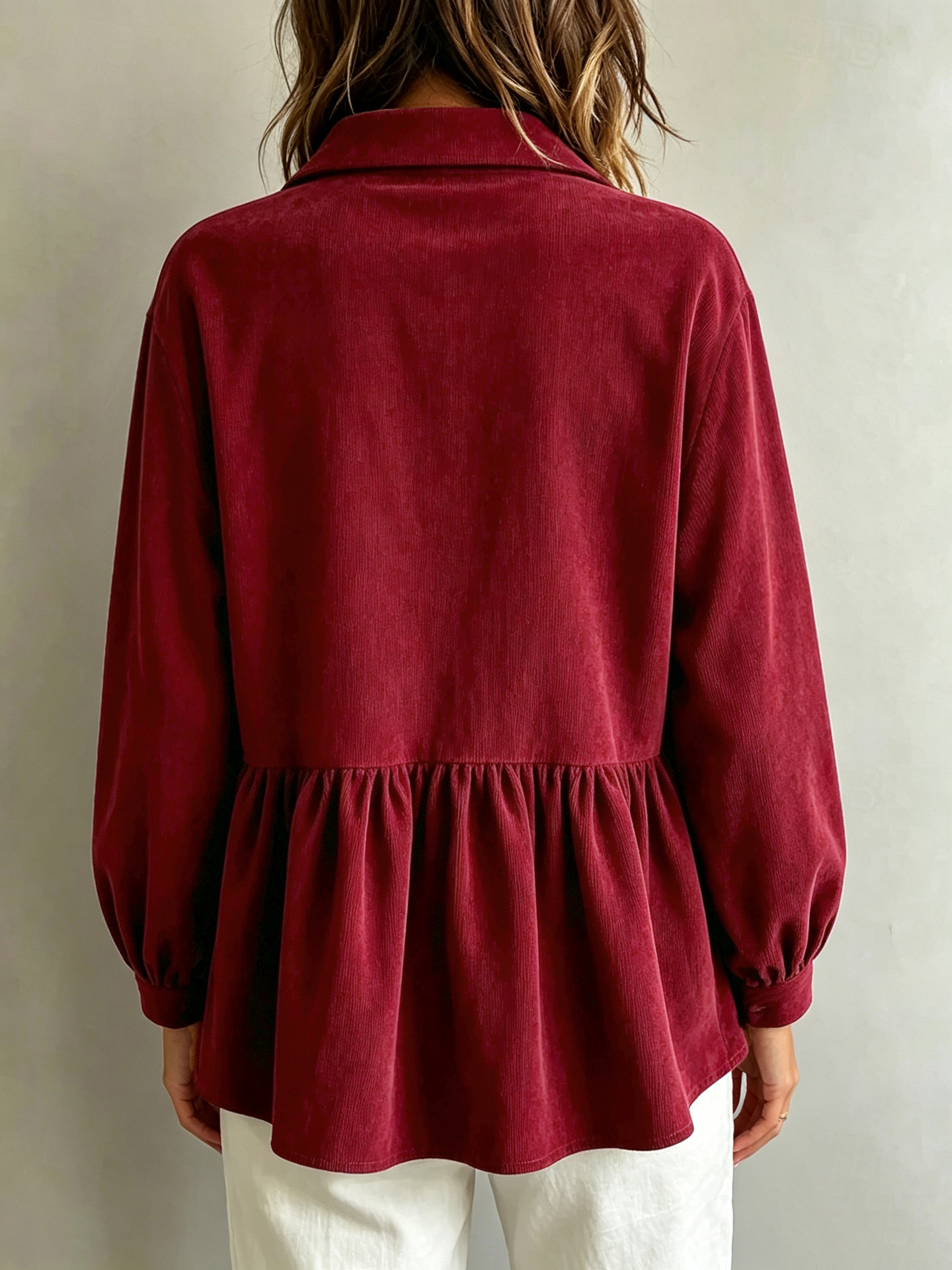 Women Burgundy Collared Peplum Blouse