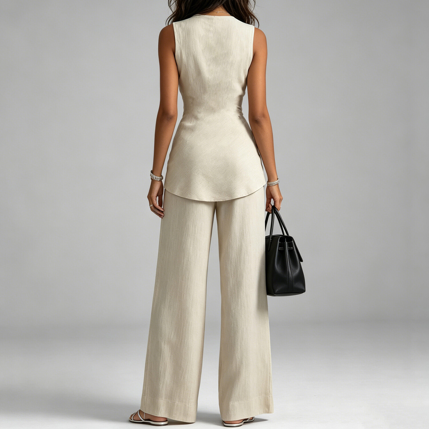 Women's Casual Solid Color Cross V Neck Wrap Asymmetric Hem Tank Top Wide Leg Pants 2Pcs Set