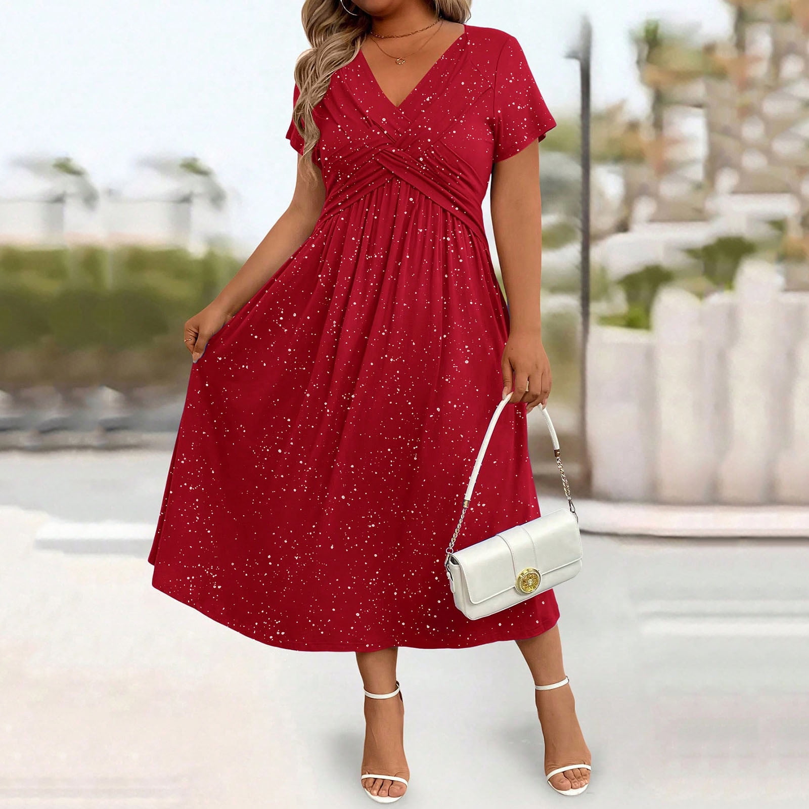 Women V-Neck Short Sleeve Midi Dresses