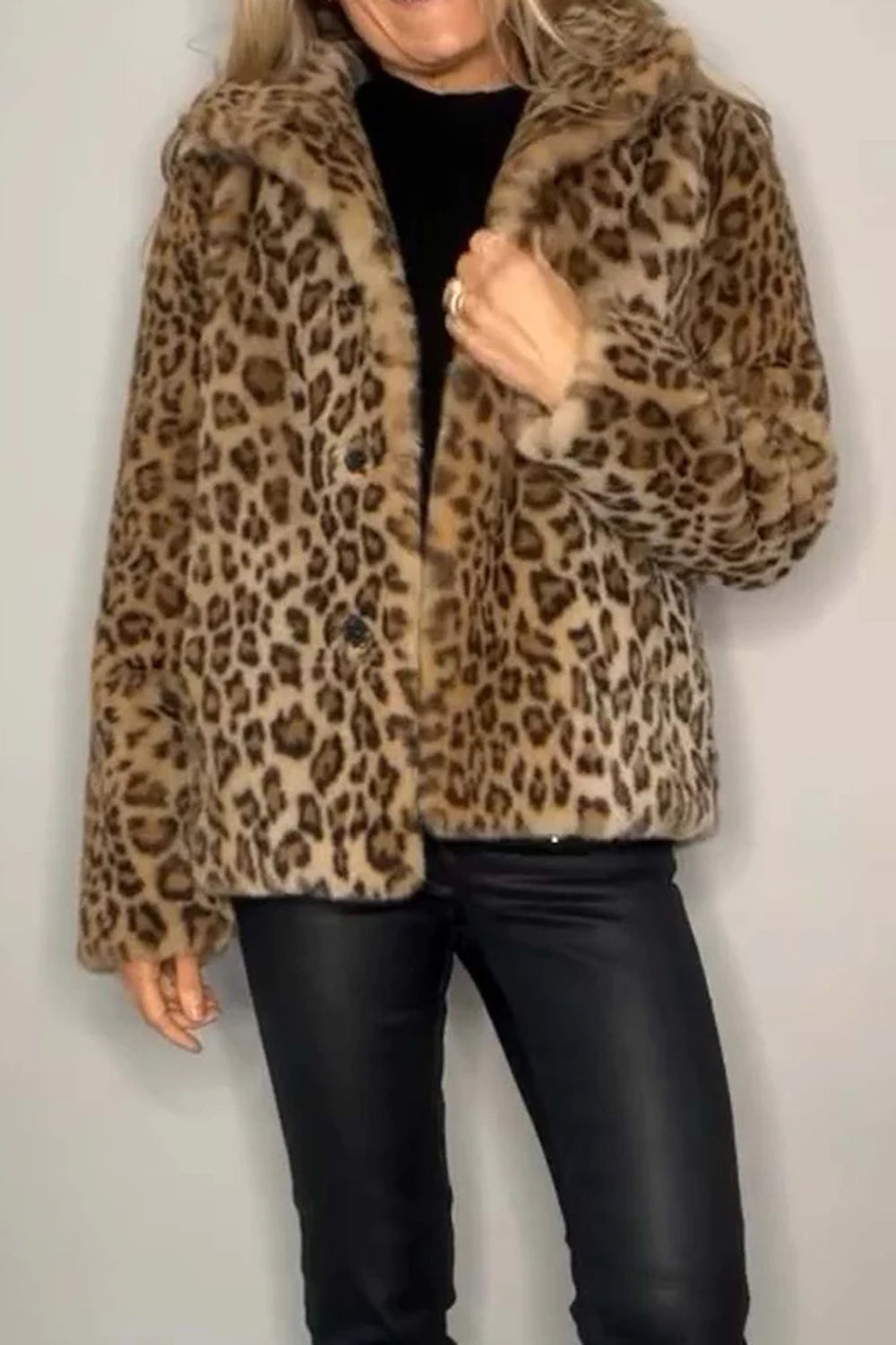 Women  Full Size Leopard Furry Collared Neck Long Sleeve Coat | 5 Colors