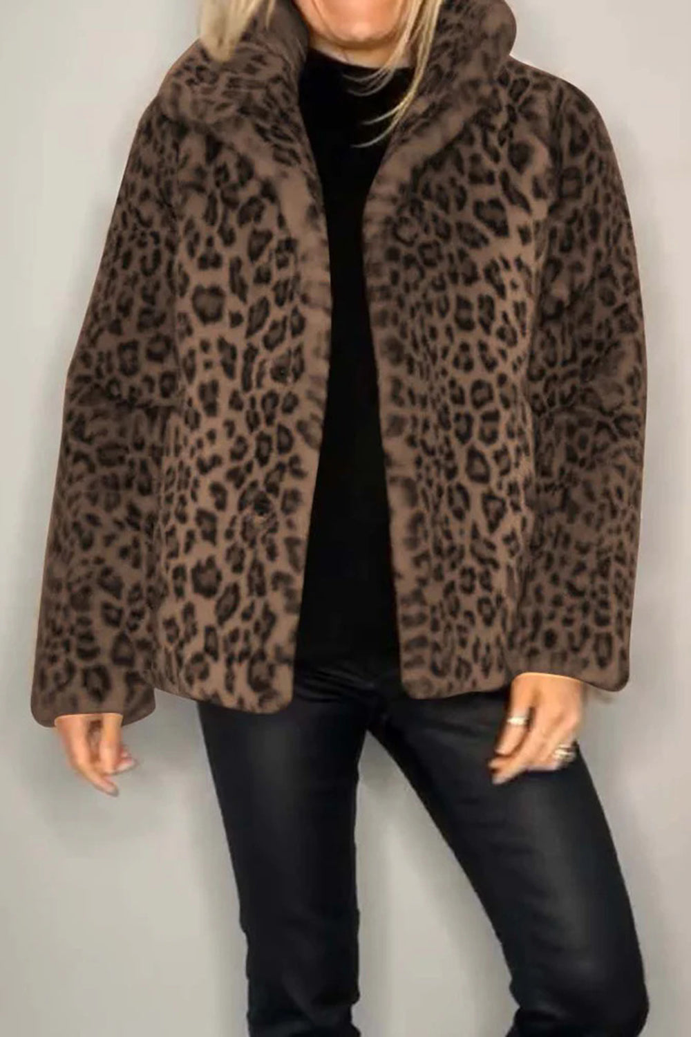 Women  Full Size Leopard Furry Collared Neck Long Sleeve Coat | 5 Colors