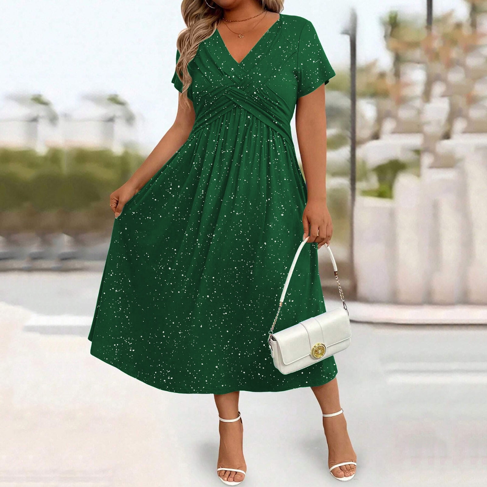 Women V-Neck Short Sleeve Midi Dresses