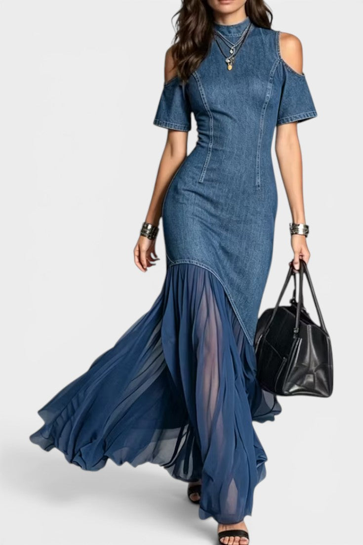Asymmetric hem off-shoulder denim maxi skirt