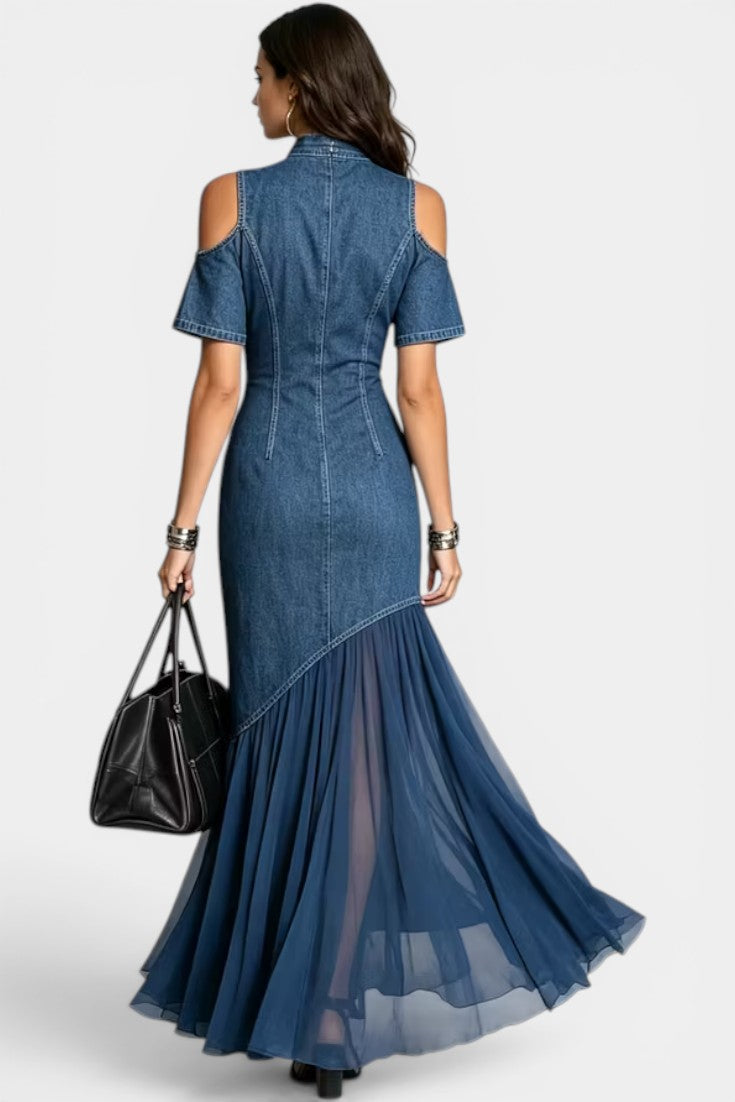 Asymmetric hem off-shoulder denim maxi skirt