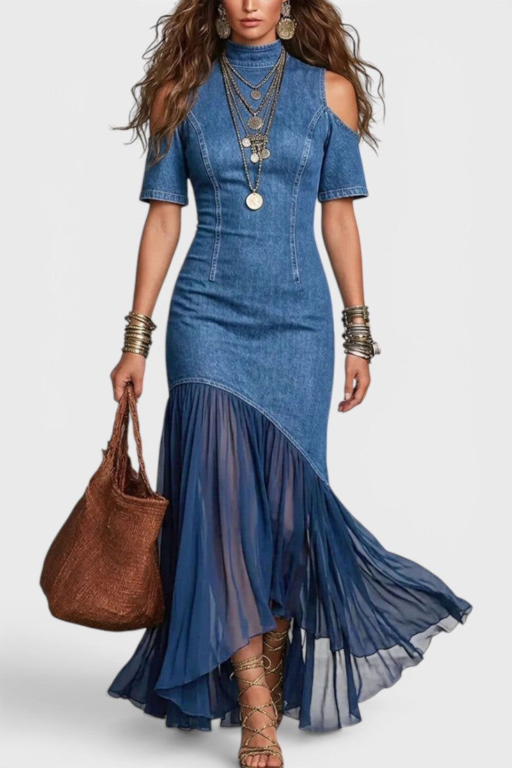 Asymmetric hem off-shoulder denim maxi skirt
