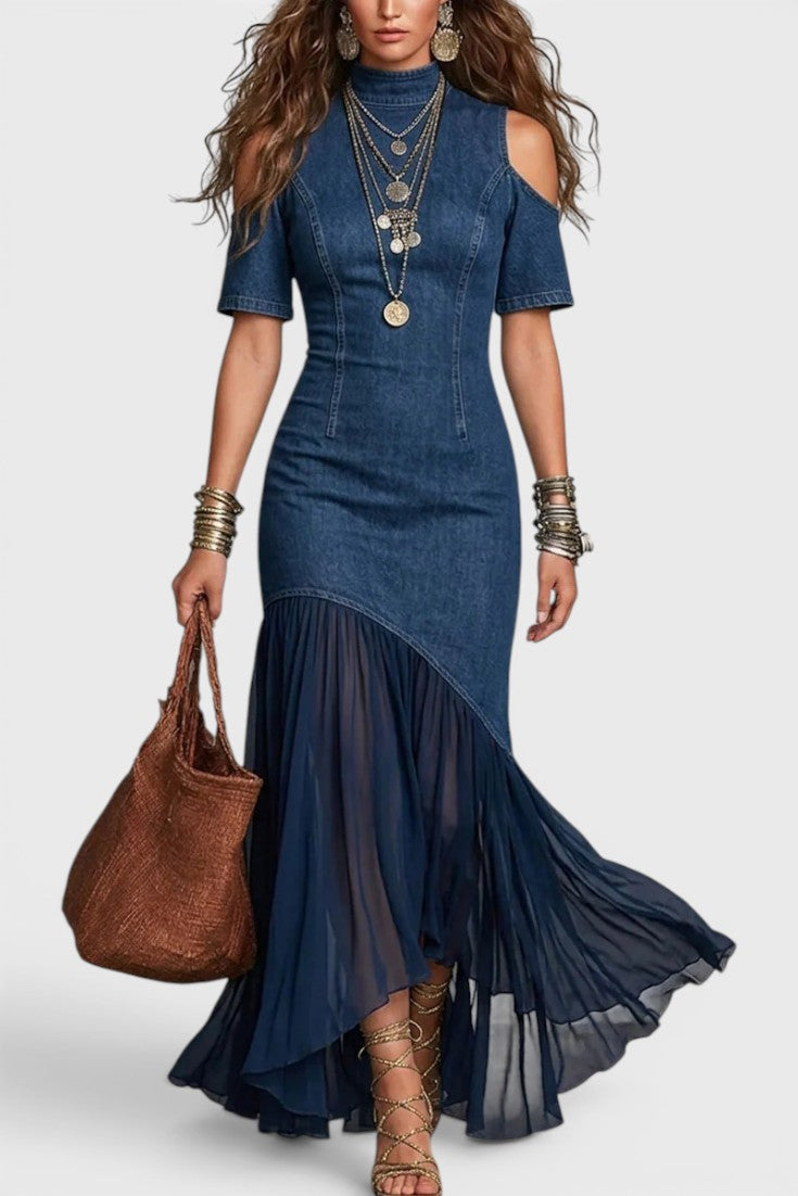 Asymmetric hem off-shoulder denim maxi skirt