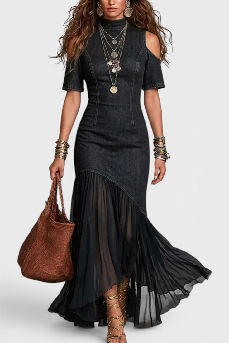 Asymmetric hem off-shoulder denim maxi skirt
