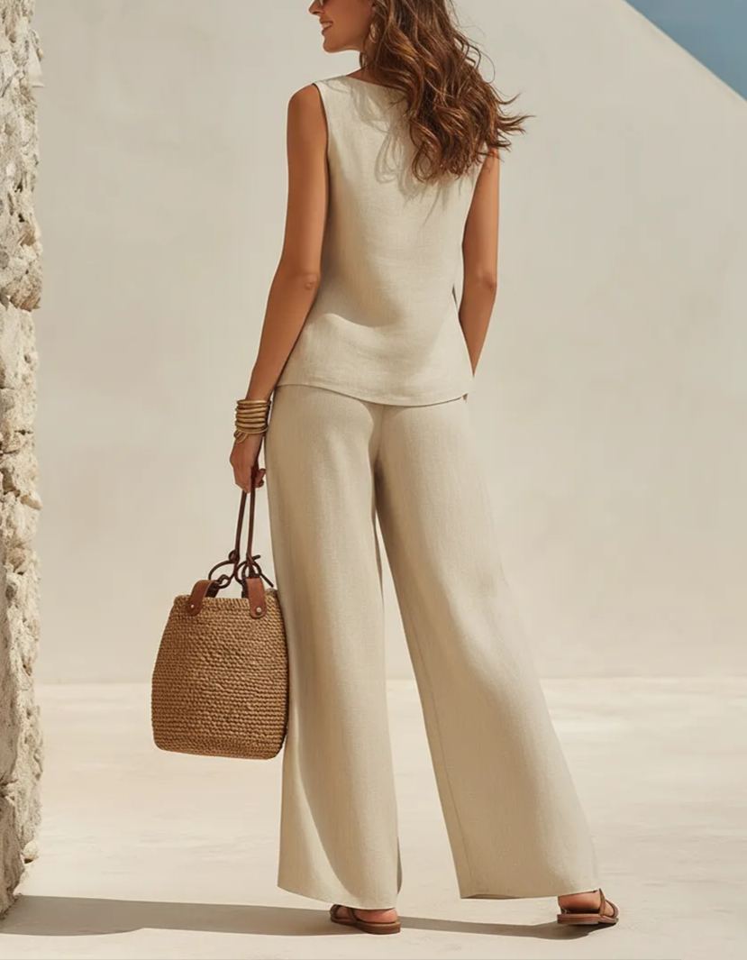Minimalist Vacation Sleeveless Top And Wide-Leg Pants Oatmeal Cotton-Linen Set