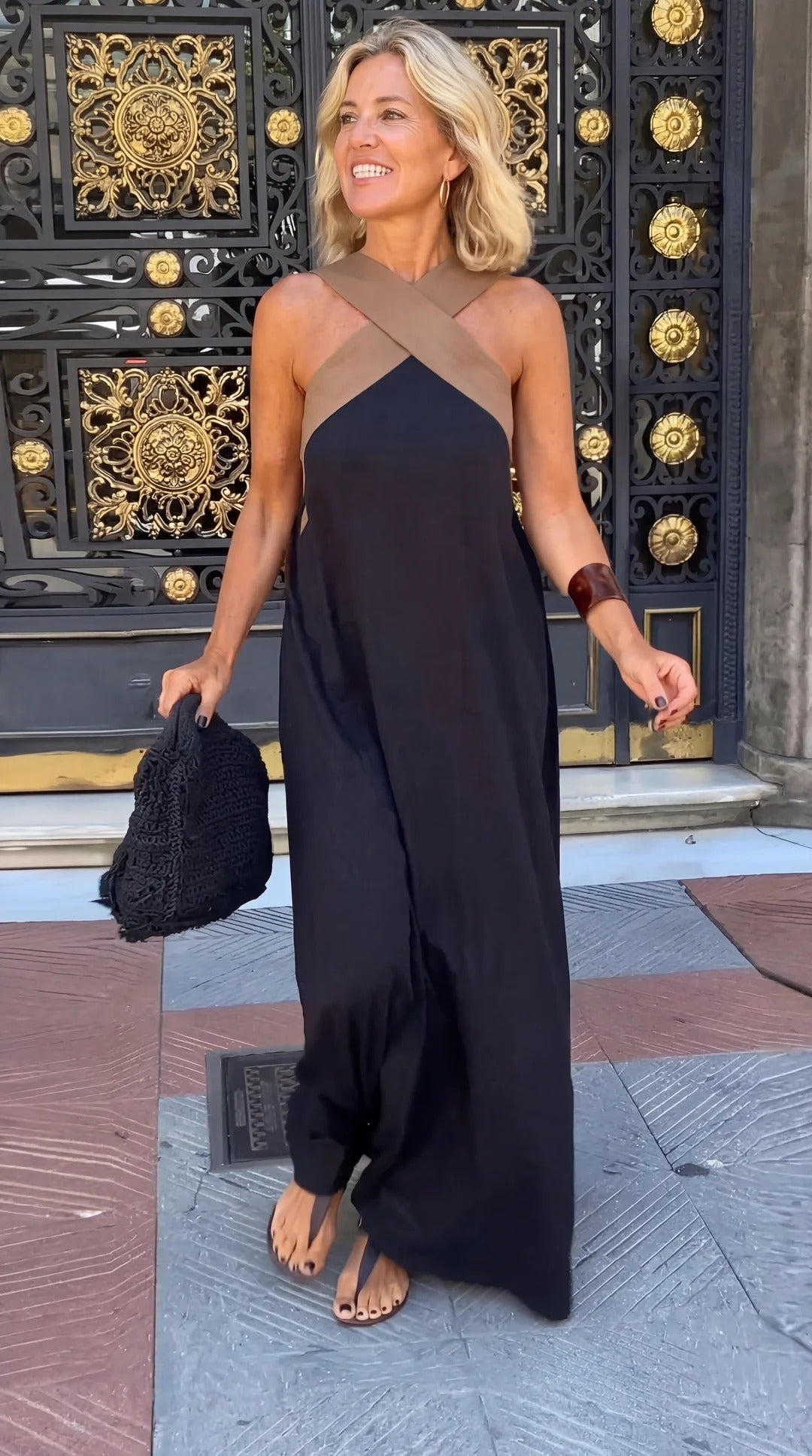 Celeste Contrast Crossover Halter Maxi Dress