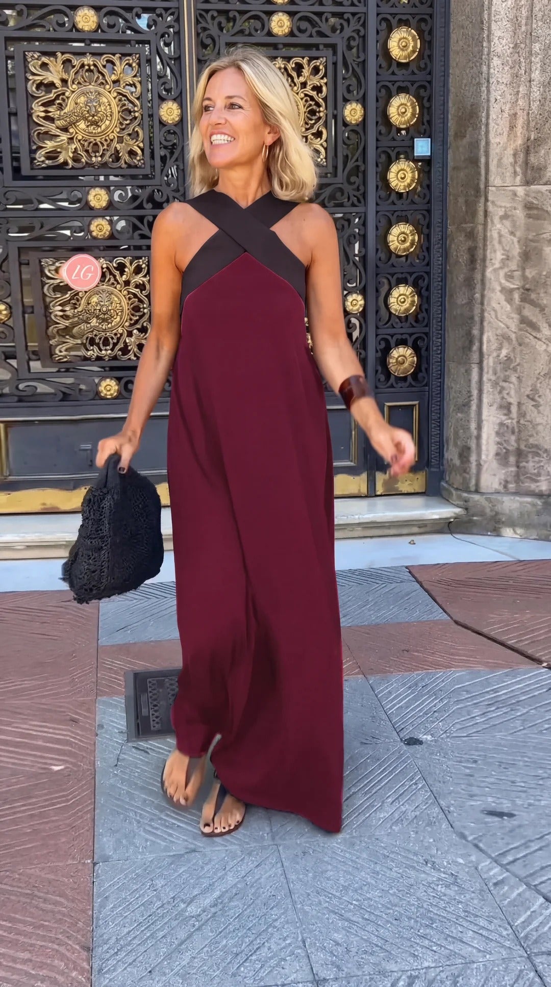 Celeste Contrast Crossover Halter Maxi Dress