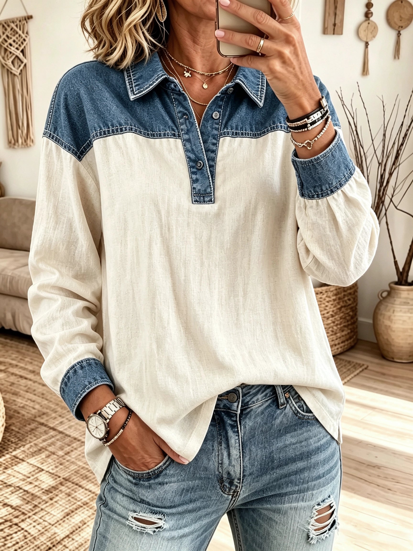 Women's Color-Block Denim Polo Blouse