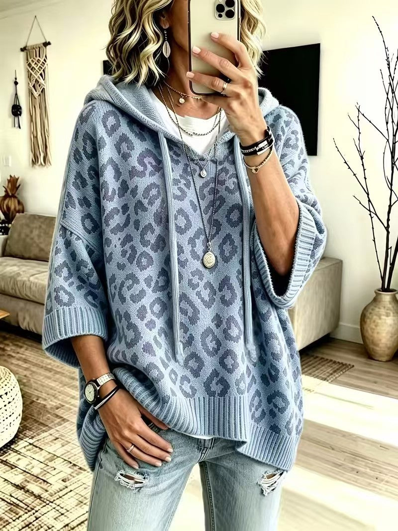 Comfortable And Casual Leopard-print Knitted Hoodie