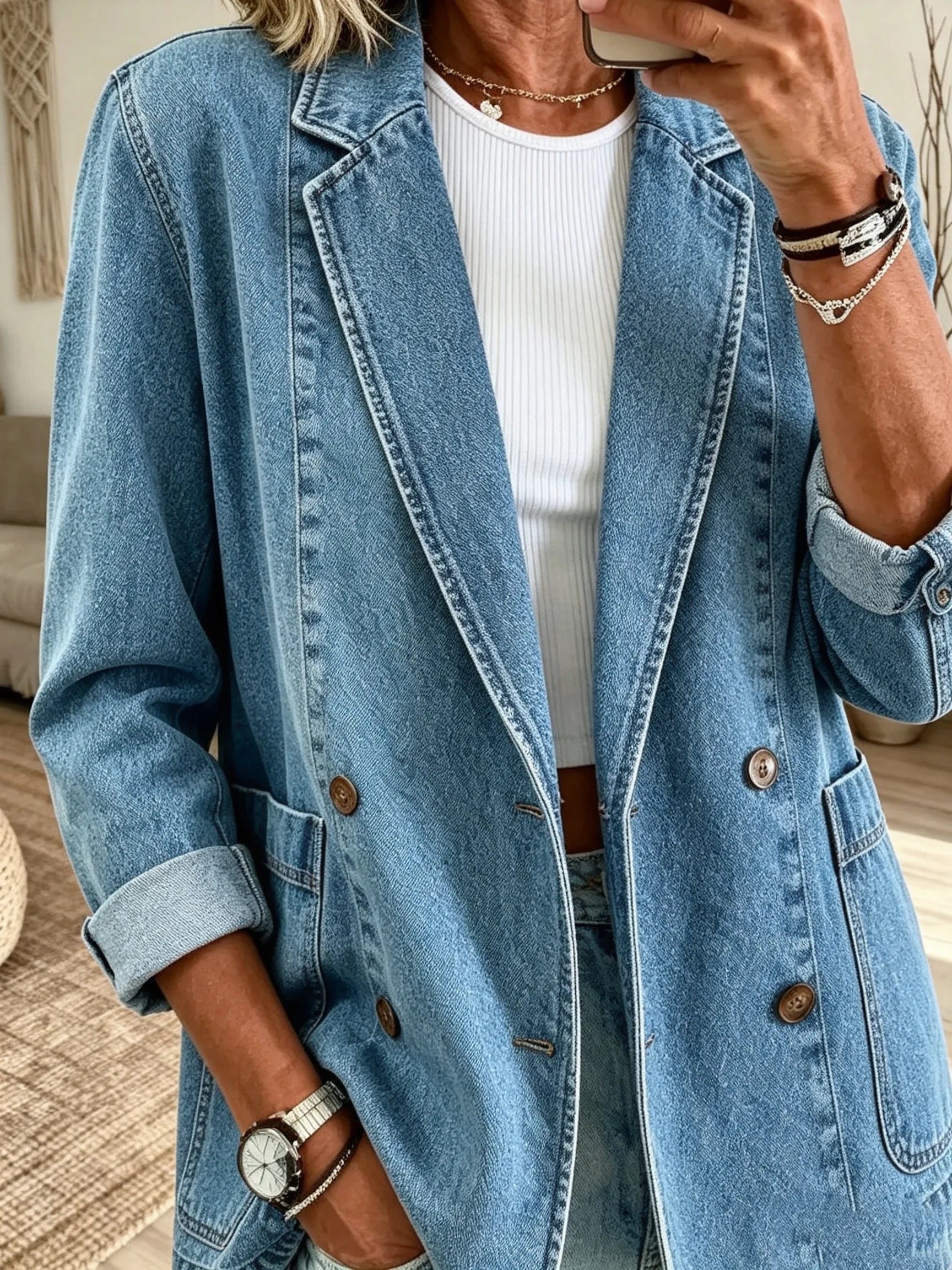Women's Solid Wash Denim Blazer Jacket