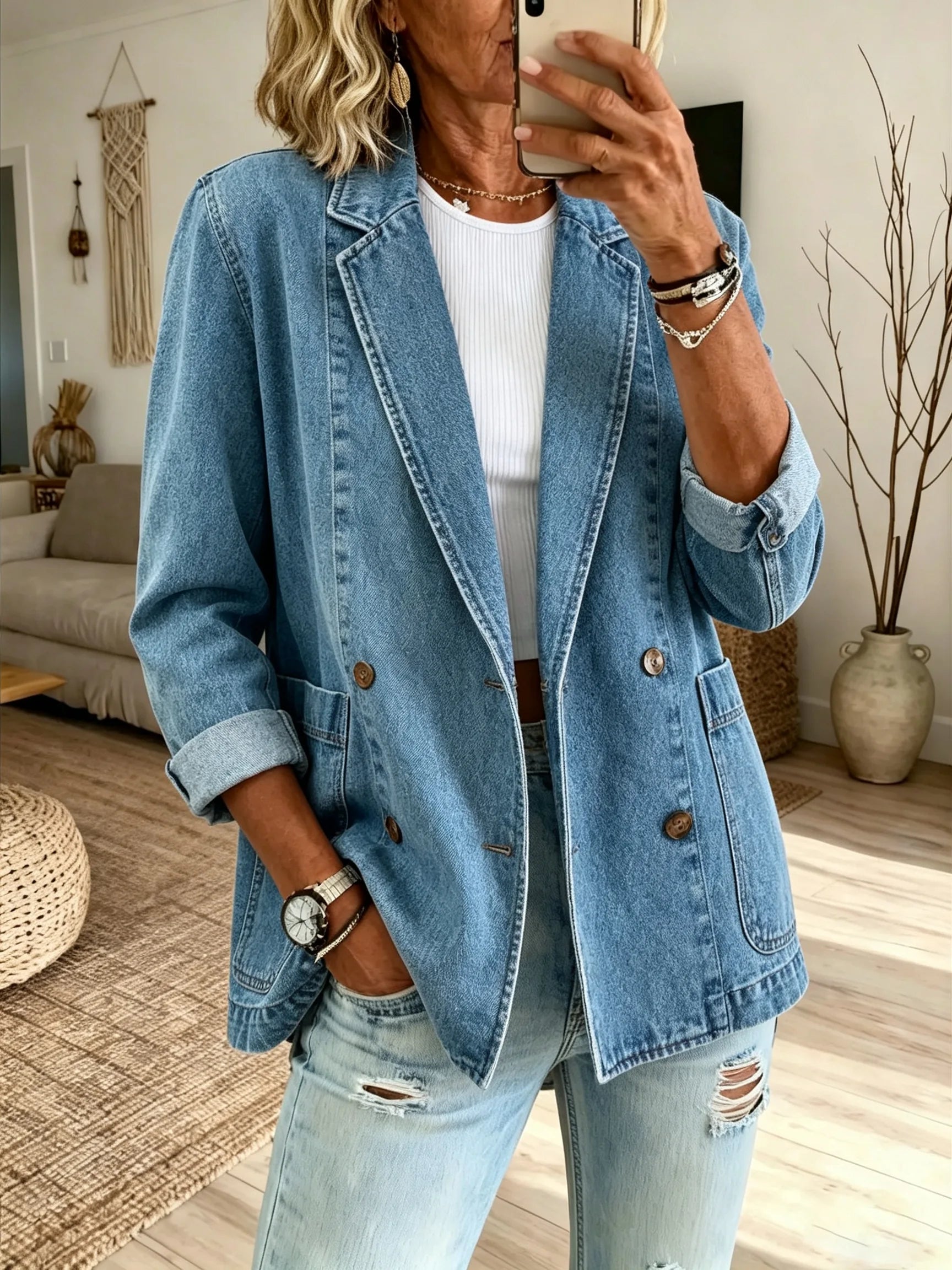 Women's Solid Wash Denim Blazer Jacket