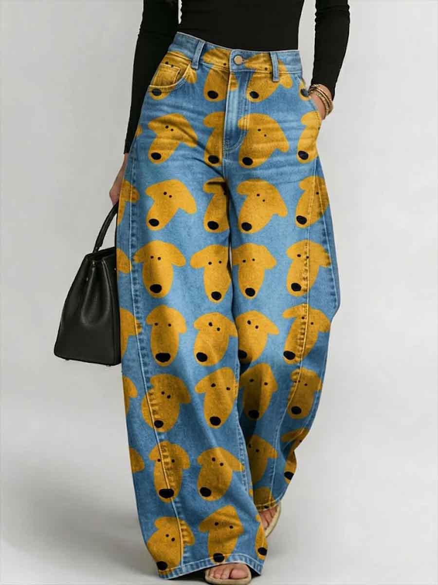 Women's Funny Doges Print Loose-fit Jeans