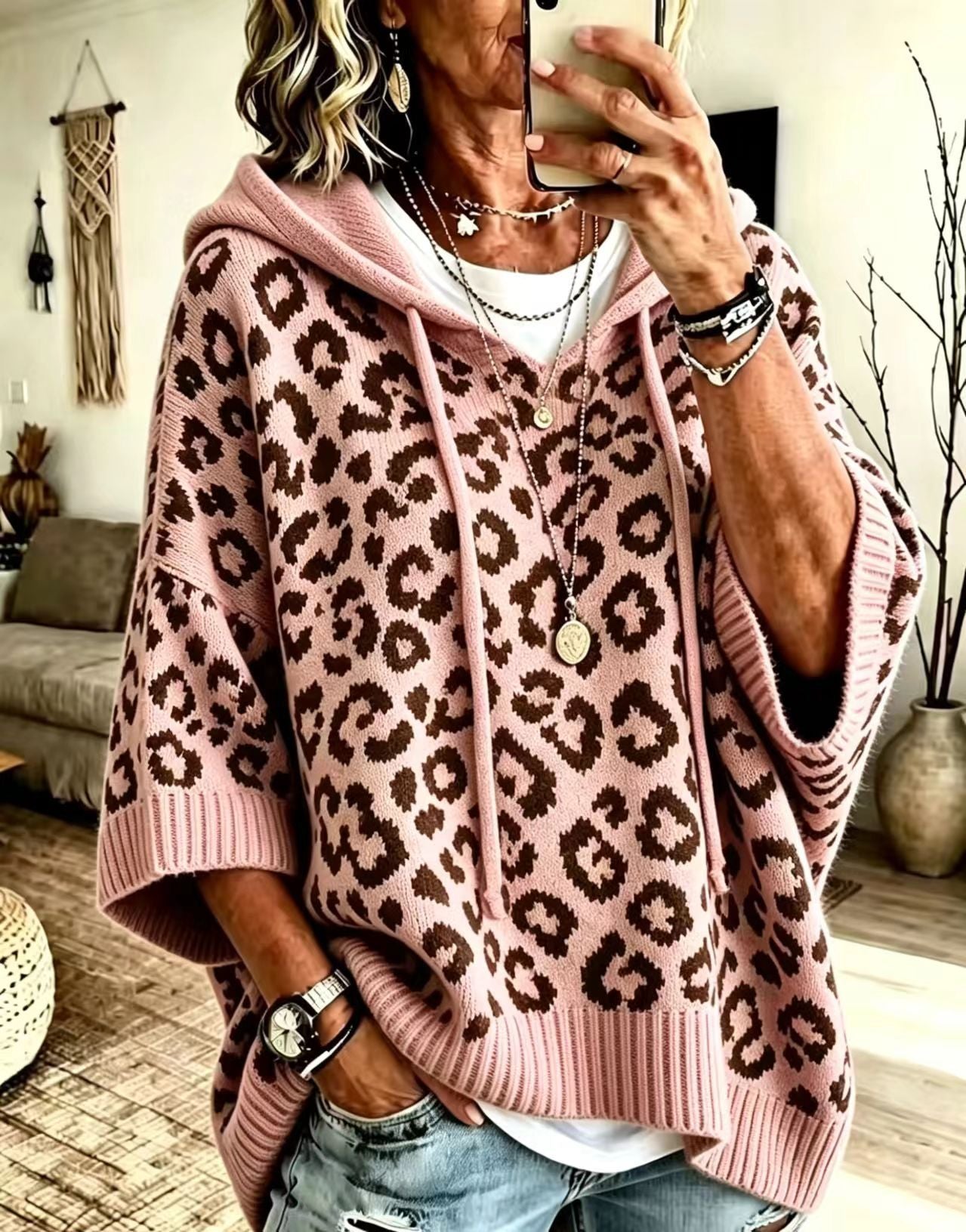Comfortable And Casual Leopard-print Knitted Hoodie