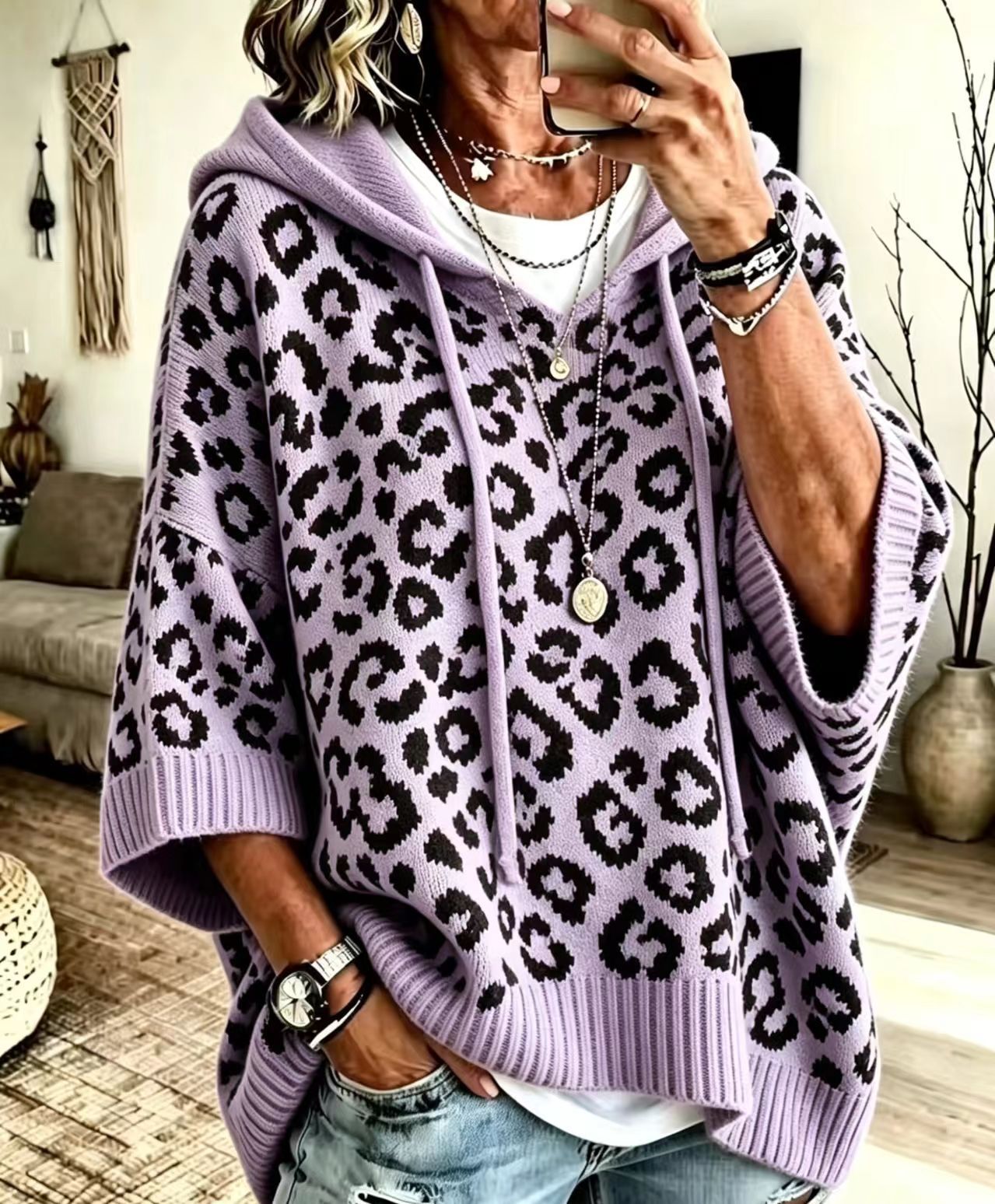 Comfortable And Casual Leopard-print Knitted Hoodie