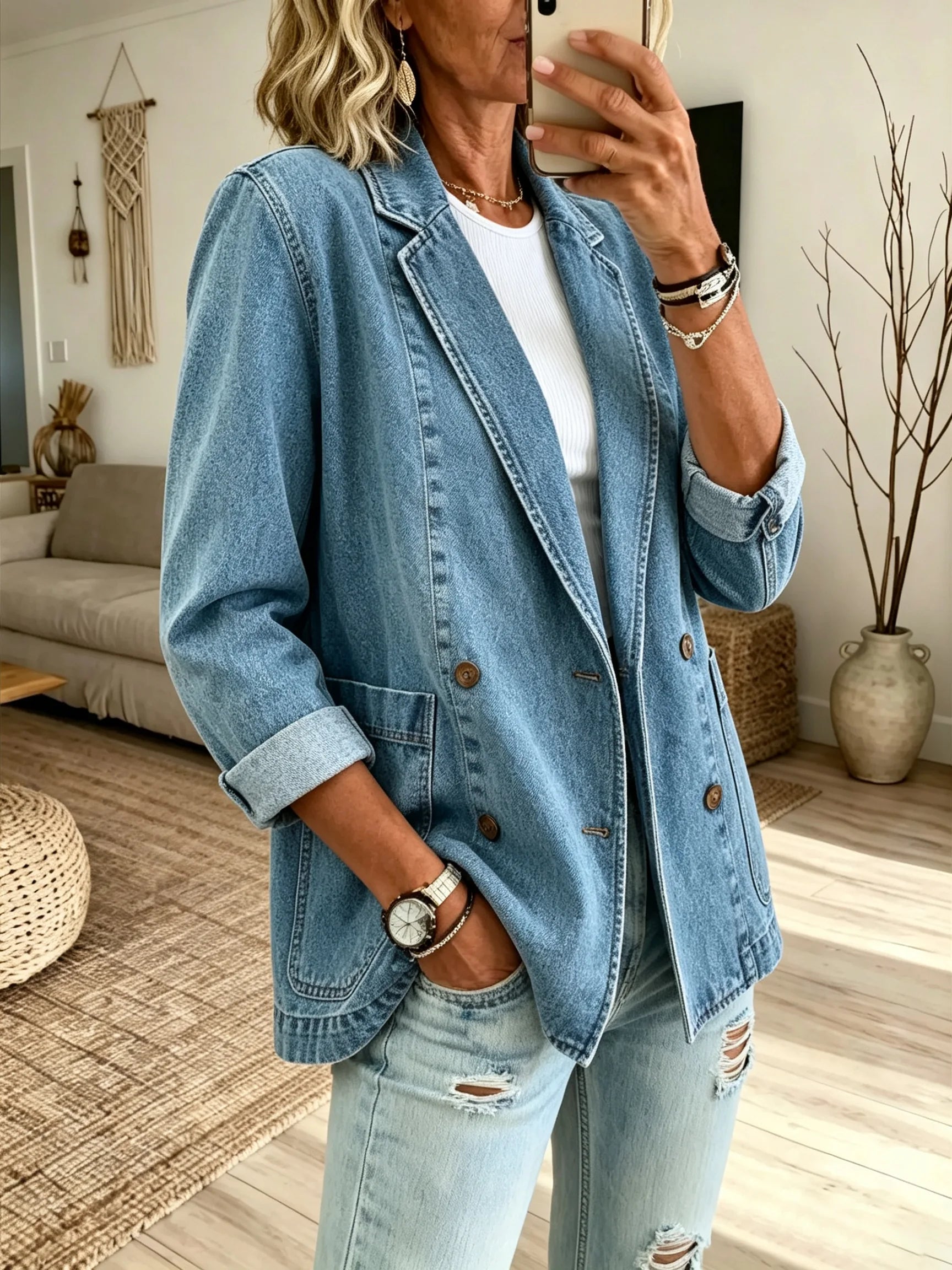 Women's Solid Wash Denim Blazer Jacket