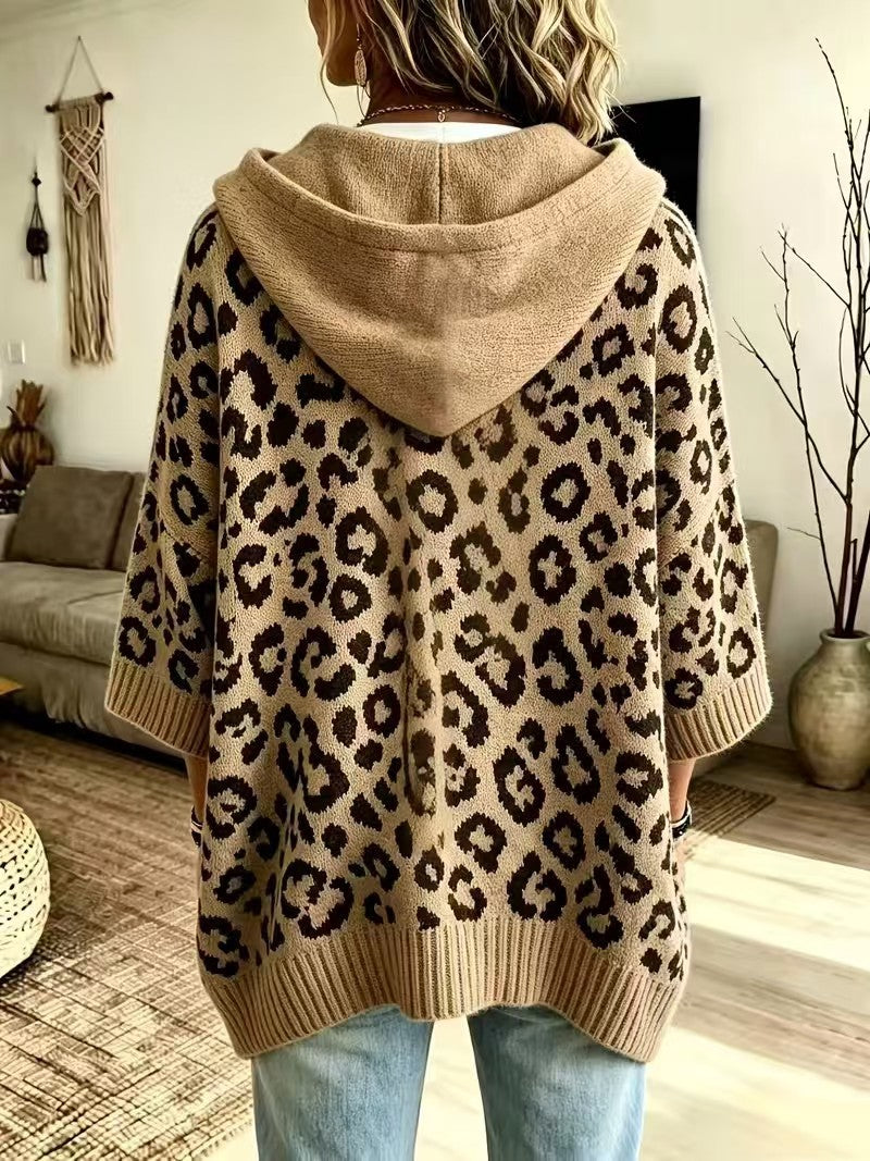 Comfortable And Casual Leopard-print Knitted Hoodie