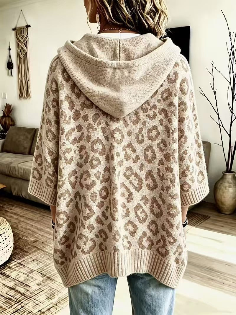 Comfortable And Casual Leopard-print Knitted Hoodie