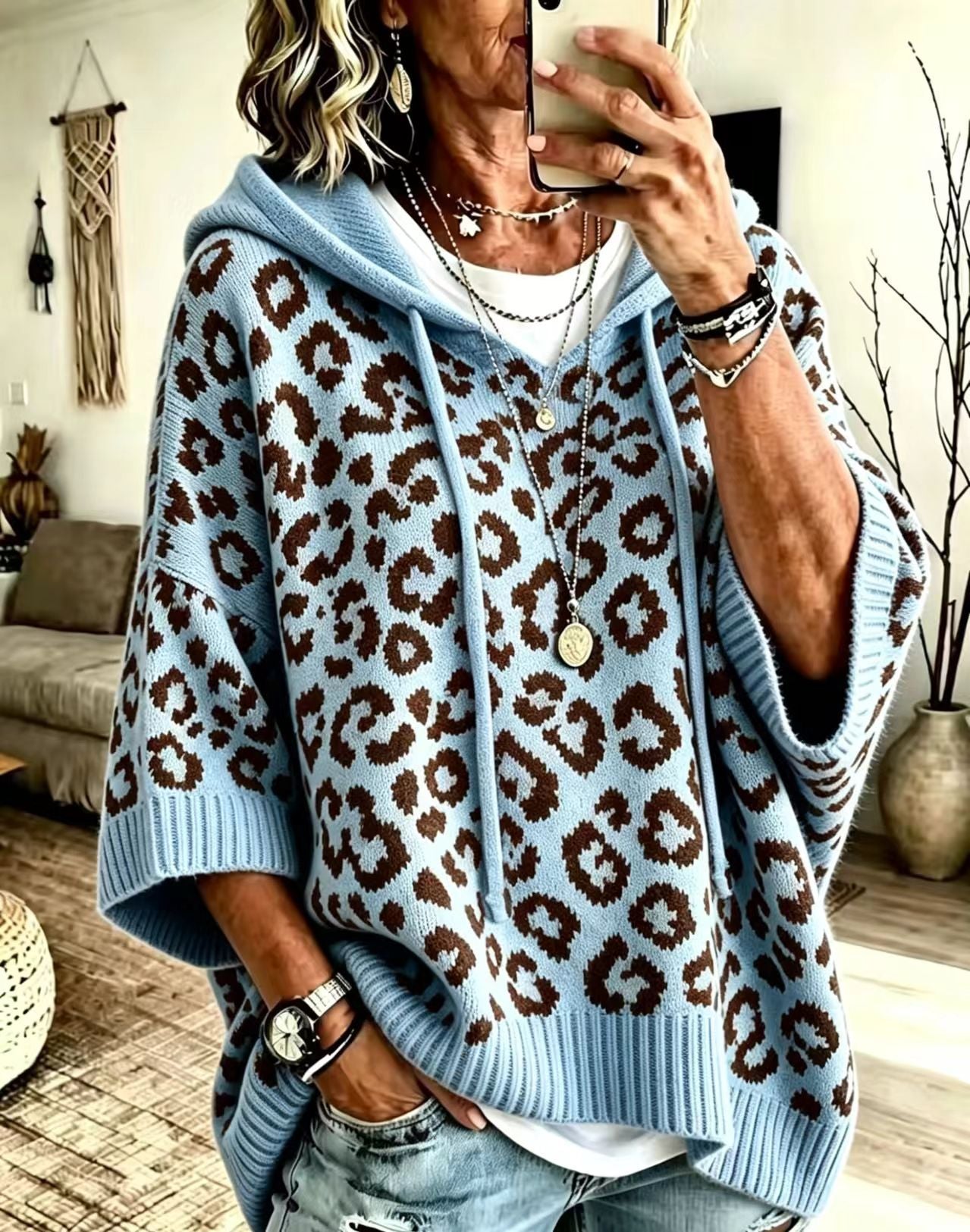 Comfortable And Casual Leopard-print Knitted Hoodie