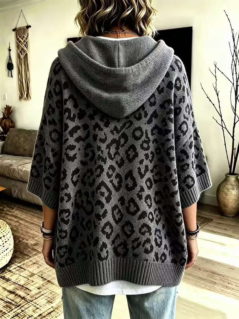 Comfortable And Casual Leopard-print Knitted Hoodie