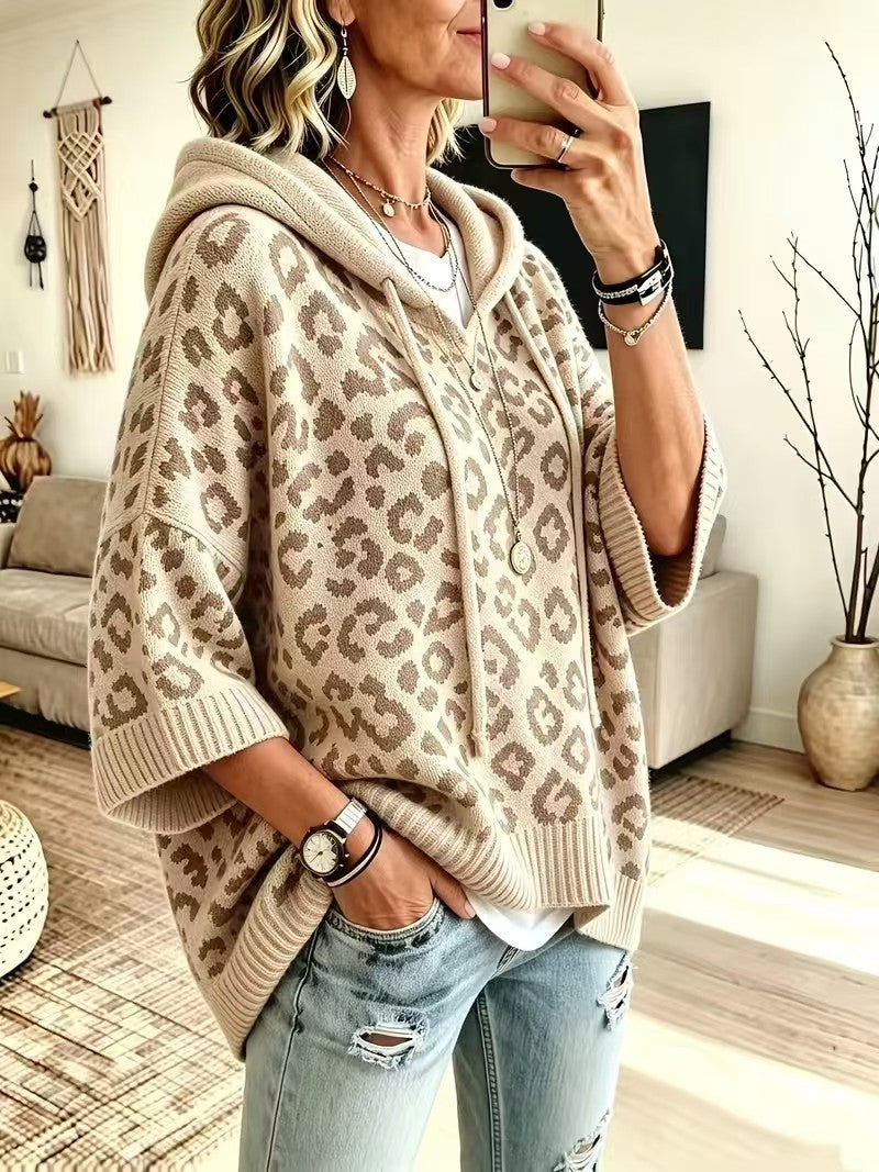 Comfortable And Casual Leopard-print Knitted Hoodie