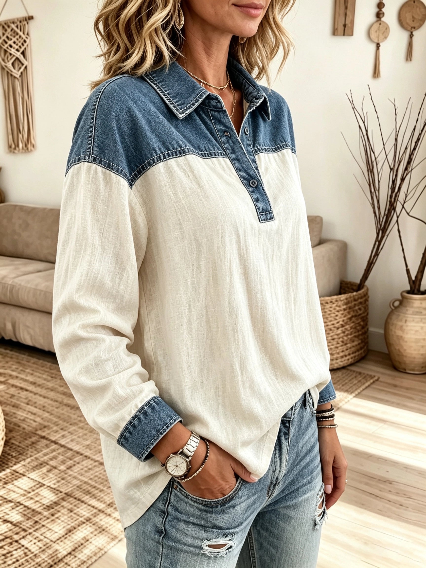 Women's Color-Block Denim Polo Blouse