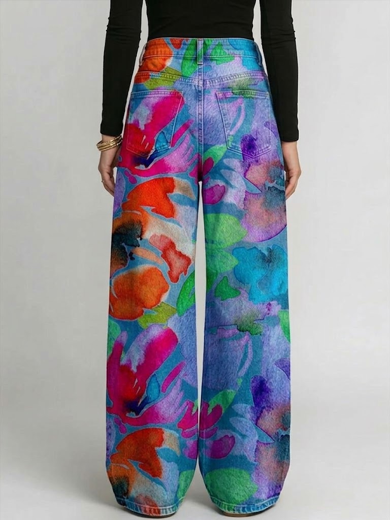 Women's Watercolor Floral Print Loose-fit Jeans