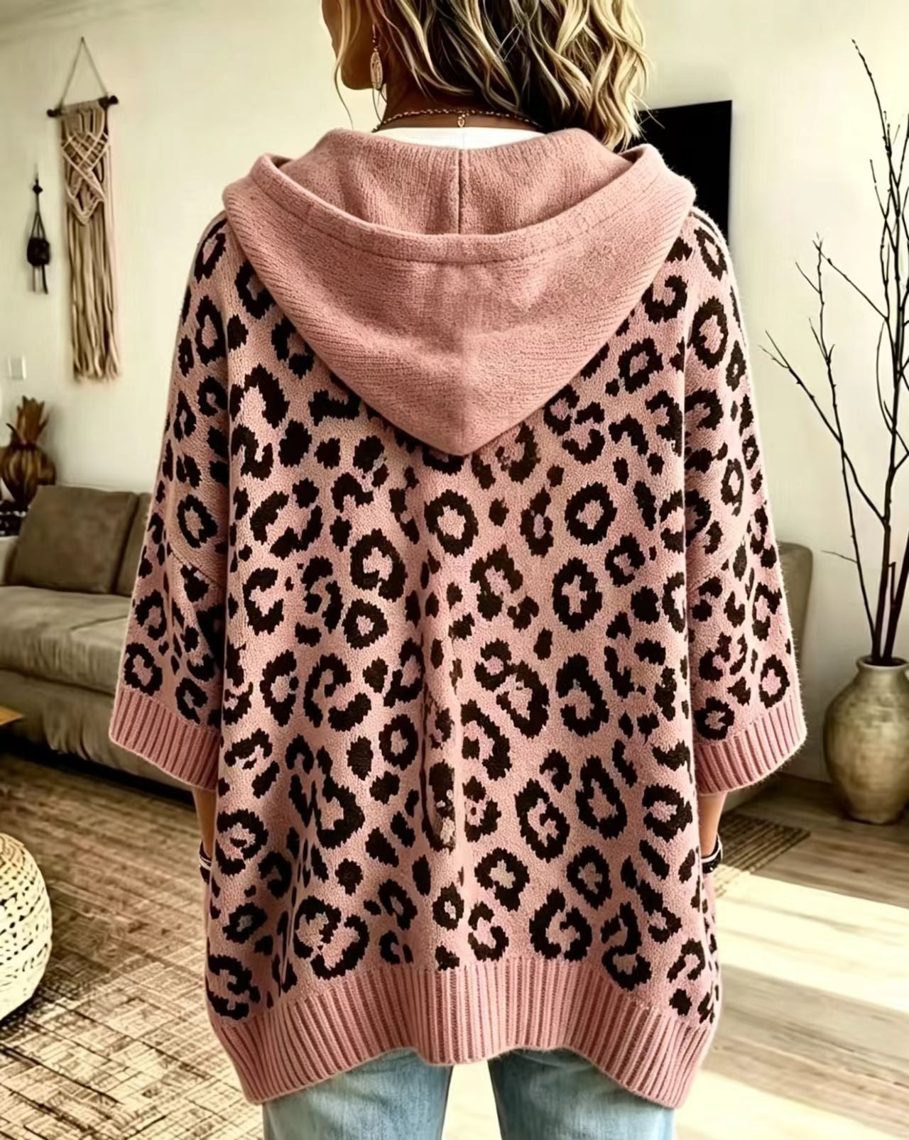 Comfortable And Casual Leopard-print Knitted Hoodie