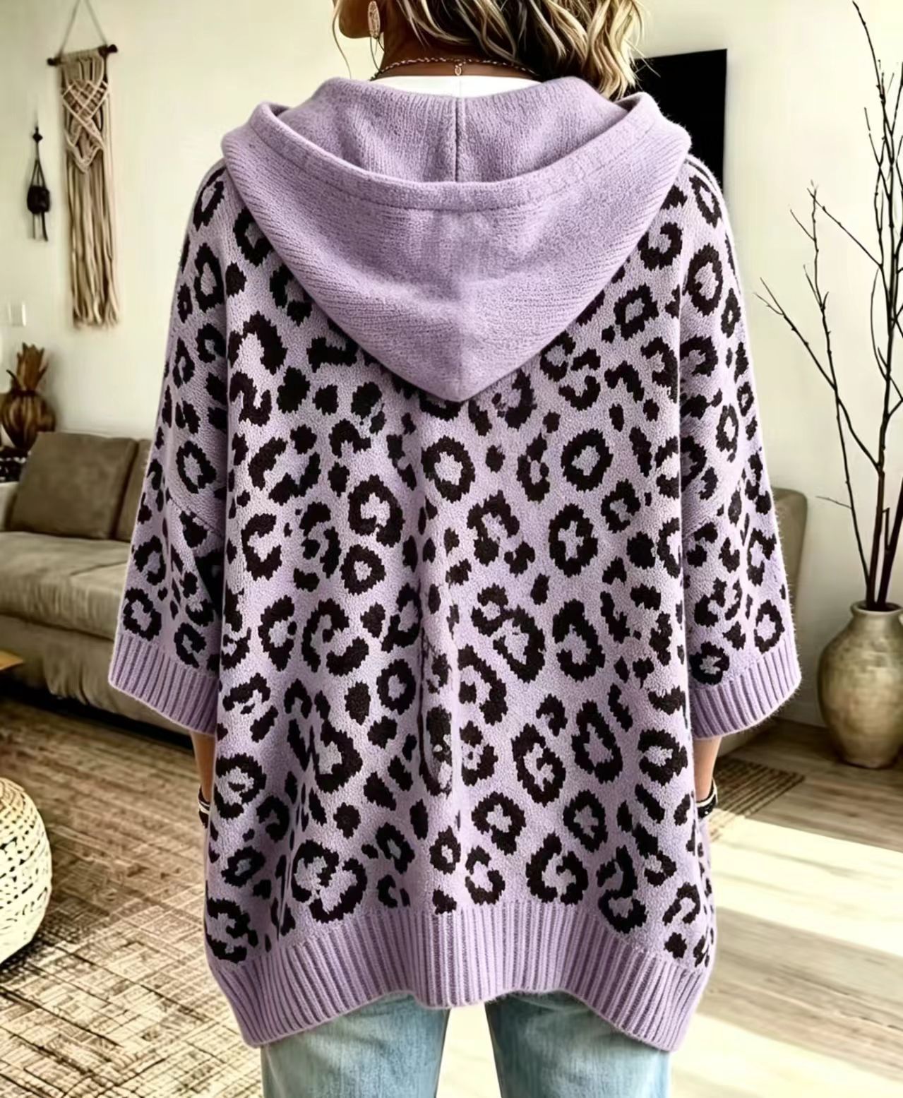 Comfortable And Casual Leopard-print Knitted Hoodie