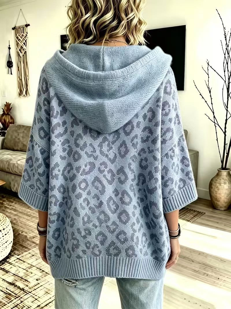 Comfortable And Casual Leopard-print Knitted Hoodie