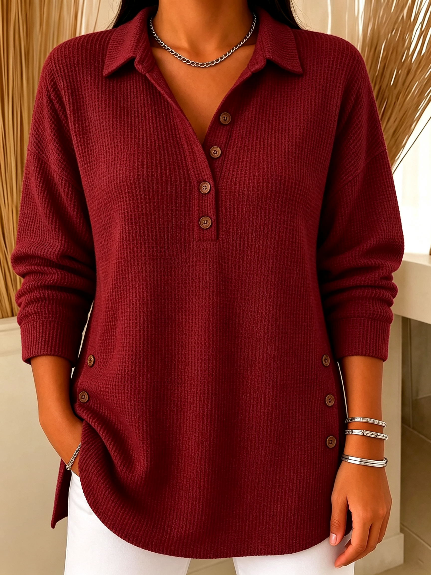 Chic Long Sleeve Waffle Knit Polo Sweater Casual Loose Henley Shirt(📦Buy 2 FREE SHIPPING & EXTRA 10% OFF)