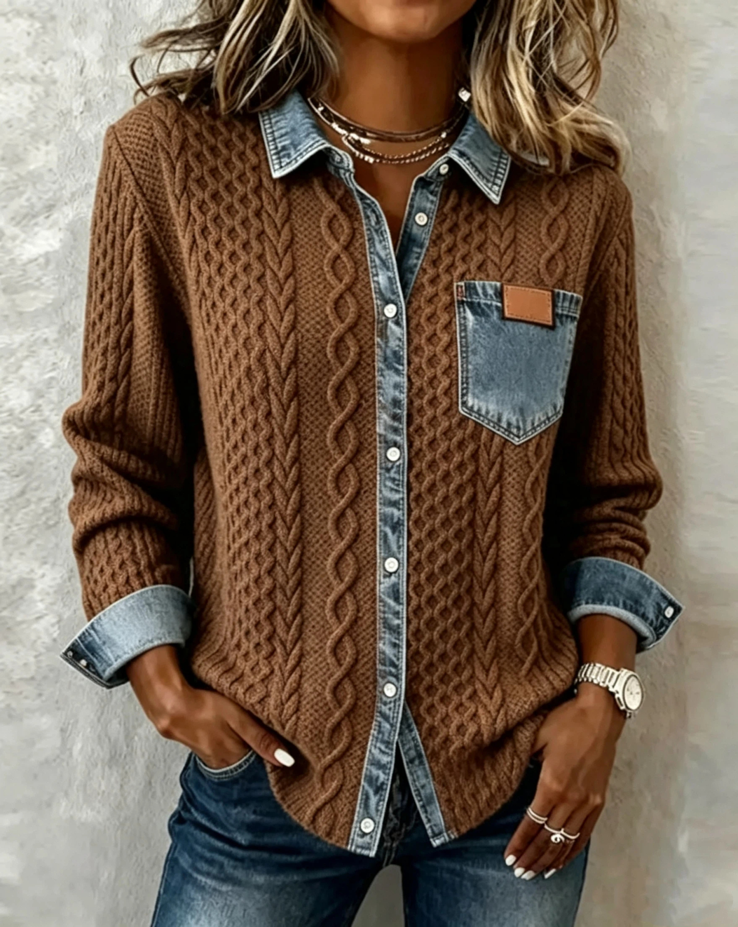 CLEARANCE SALE🔥 Long-Sleeve Shirt with Denim Patchwork