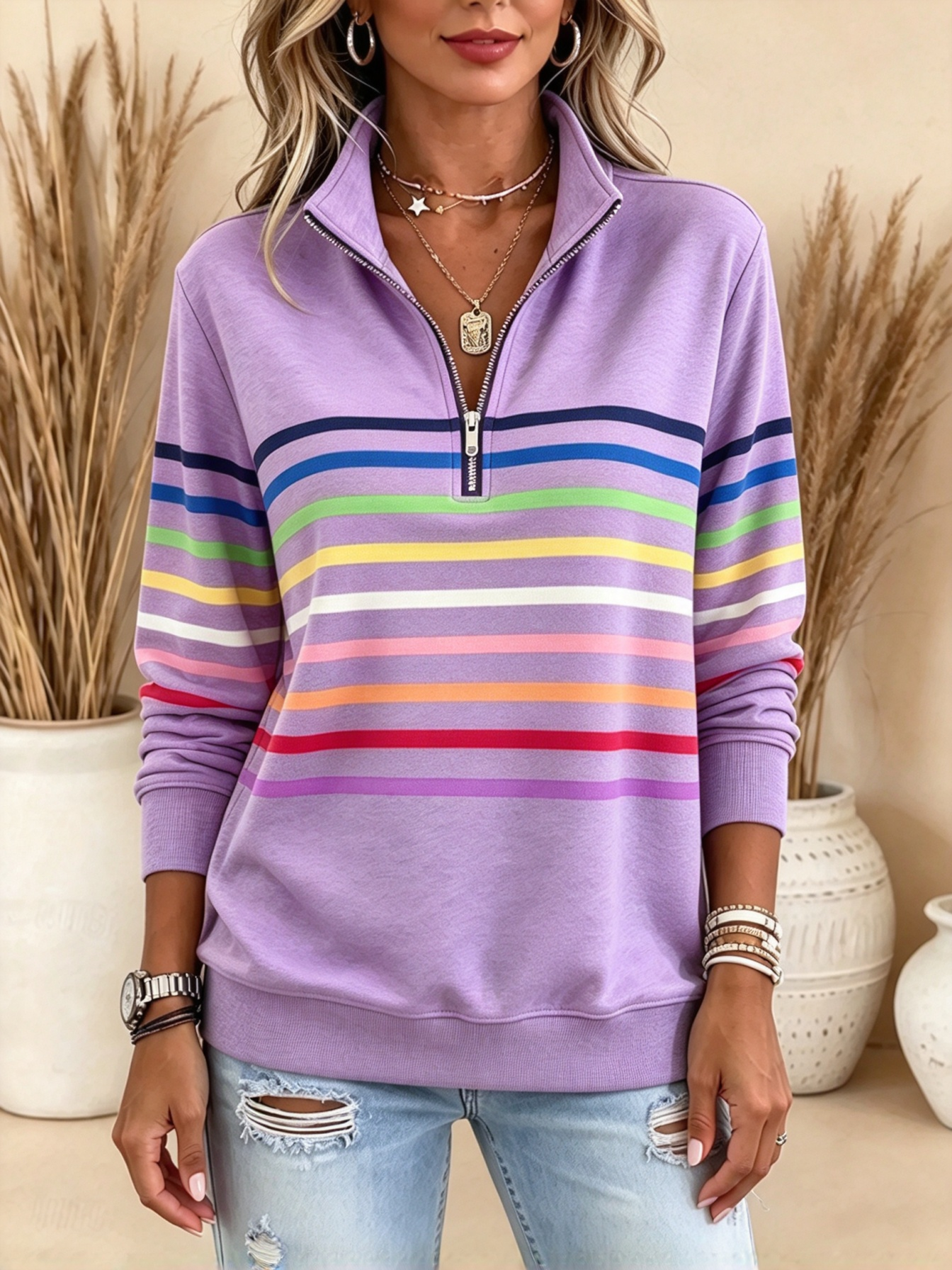 Women's Pullover Sweatshirt Patchwork Print Quarter Zip Plain Striped Elegant Warm Classic Long Sleeve Lapel Regular Tops